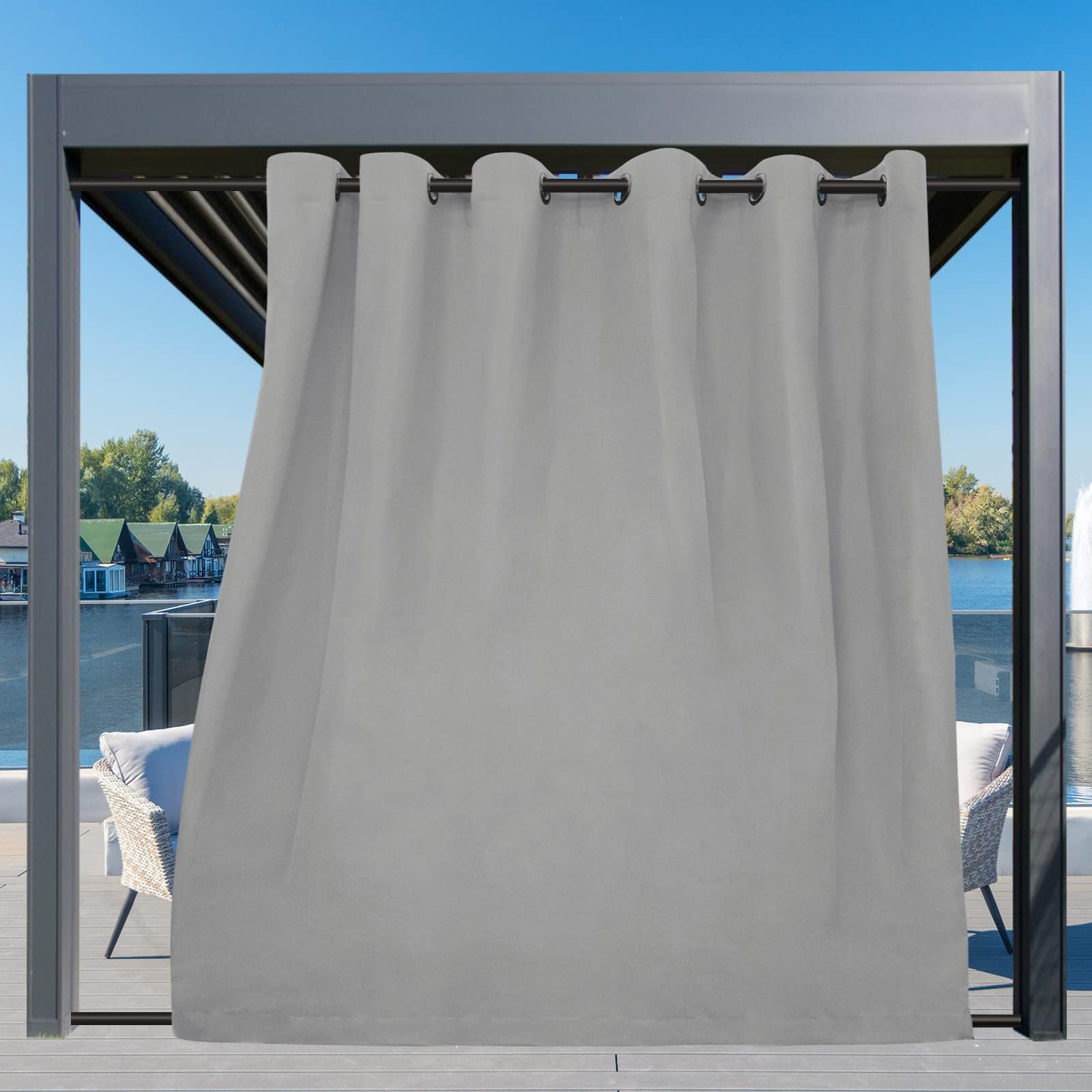 Easy-Going Outdoor Curtains Waterproof Windproof Weatherproof Curtain for Patio, Cabana, Porch, Pergola and Gazebo, Grommet Top and Tab Bottom Drape, 1panel, 110x108 inch, Light Grey