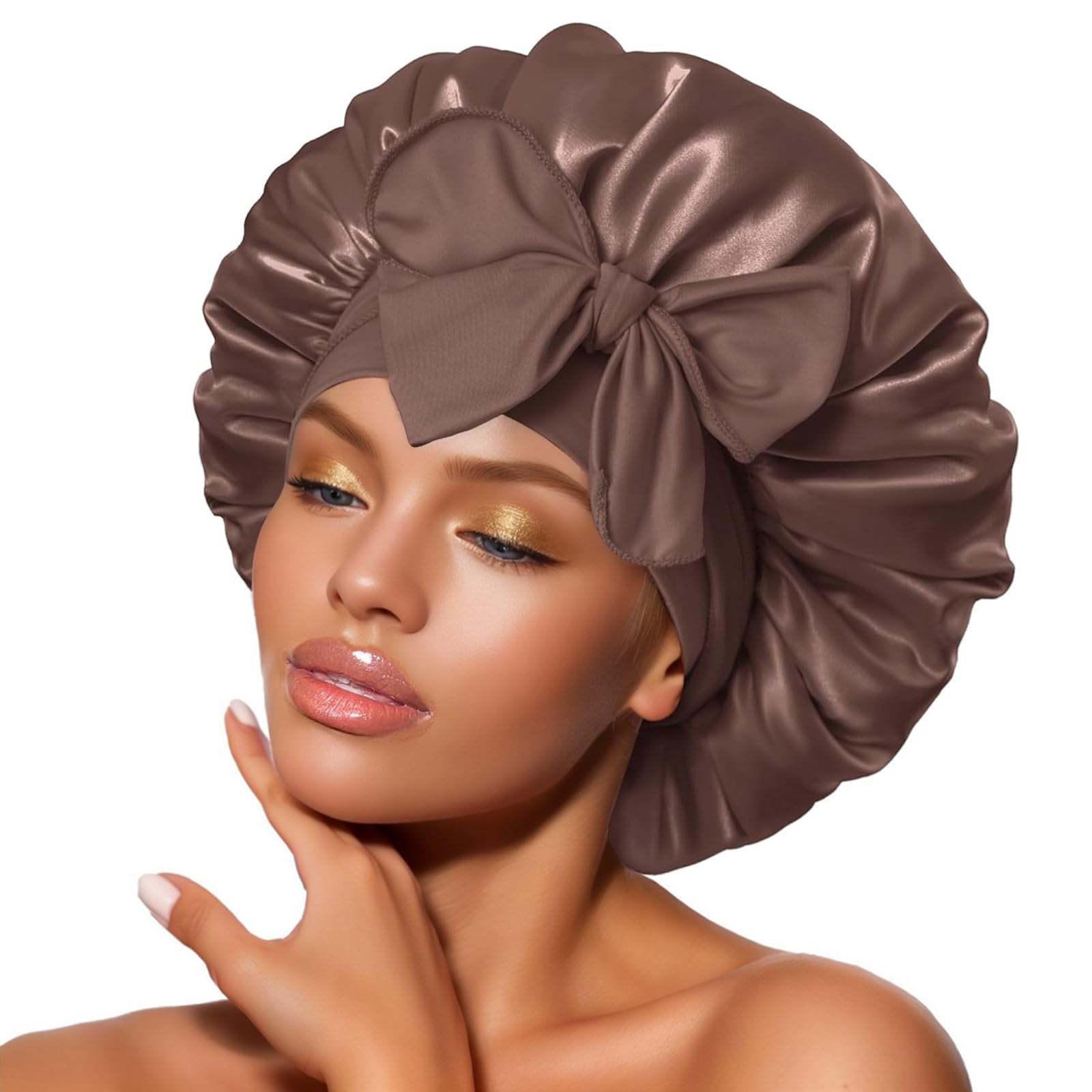 Satin Bonnet Silk Bonnet for Sleeping Women Hair Bonnet Night Sleep Cap Scarf wrap for Curly Hair Scrunchies Scalable Elastic with tie Band (Brown)