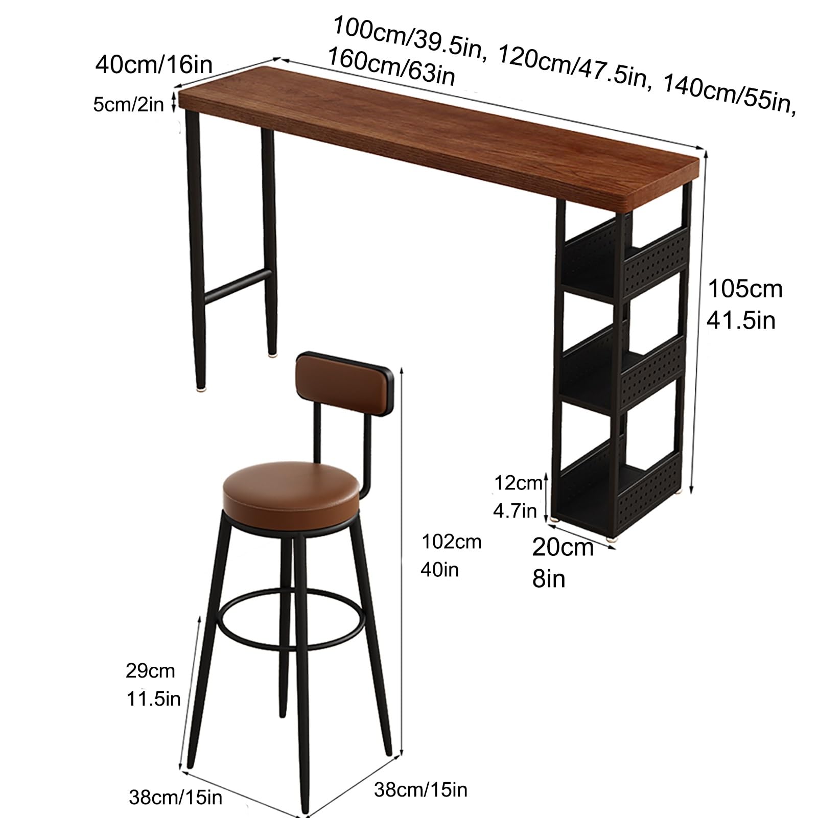 Tavolo da bar industriale, tavolo da pub alto in legno massello con bordo naturale, tavolo da pub rettangolare alto con sgabelli, per corridoio, camera da letto, soggiorno, ingresso (120 * 40 * 105