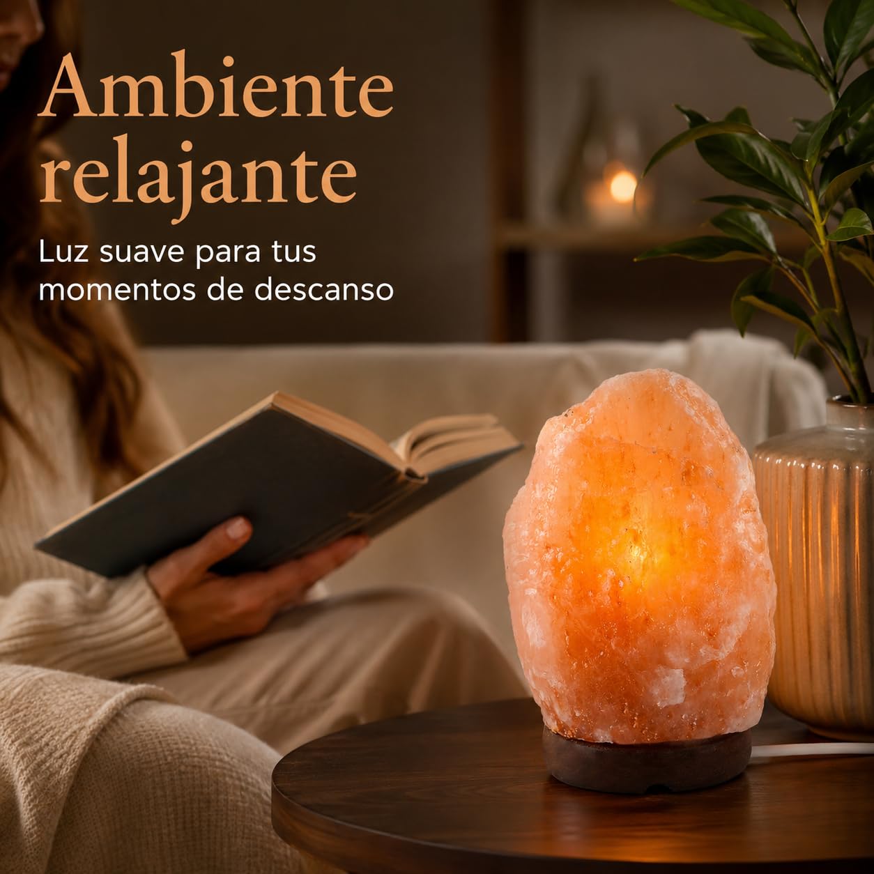 Etrexonline Lámpara de Sal del Himalaya con Base de Madera 100% Natural Hecha a Mano Cable y Bombilla Incluida (1,5-2kg)