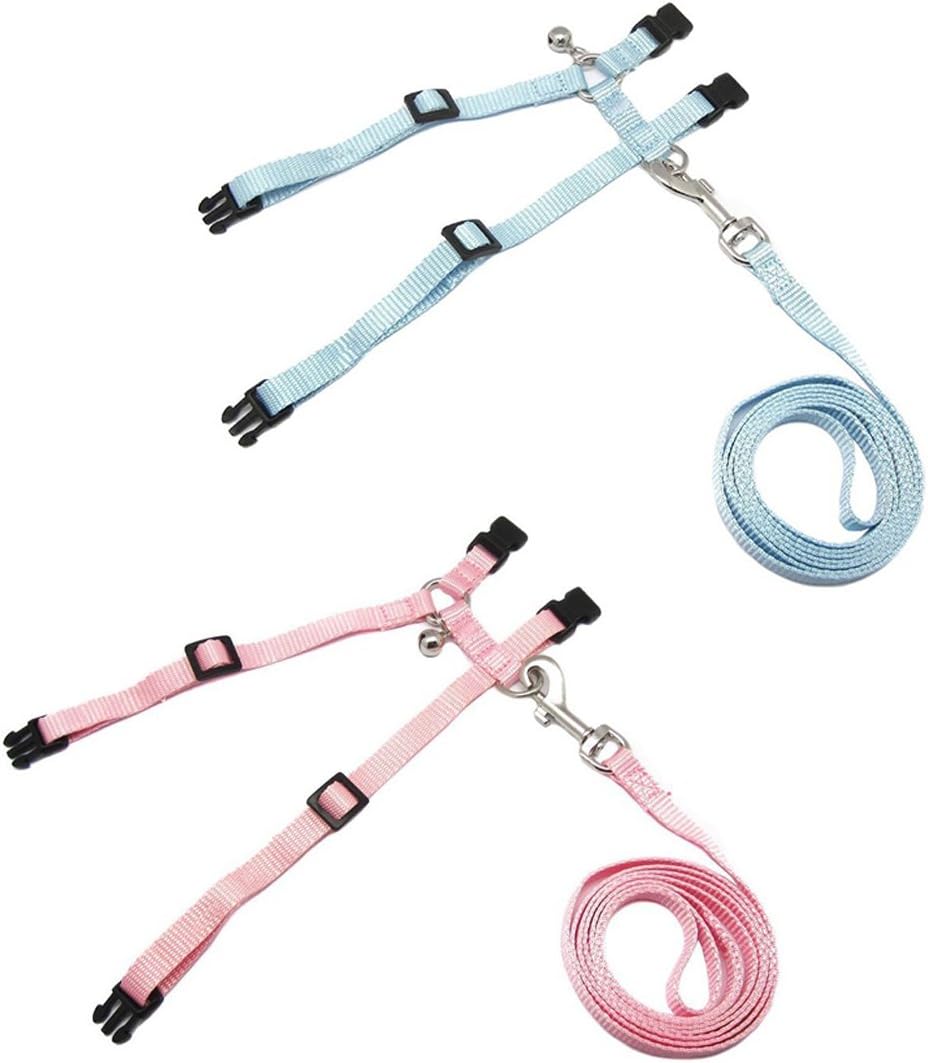 polkar Adjustable Pet Rabbit Walking Harness Leash Lead with Small Bell (Small, Blue+Pink)