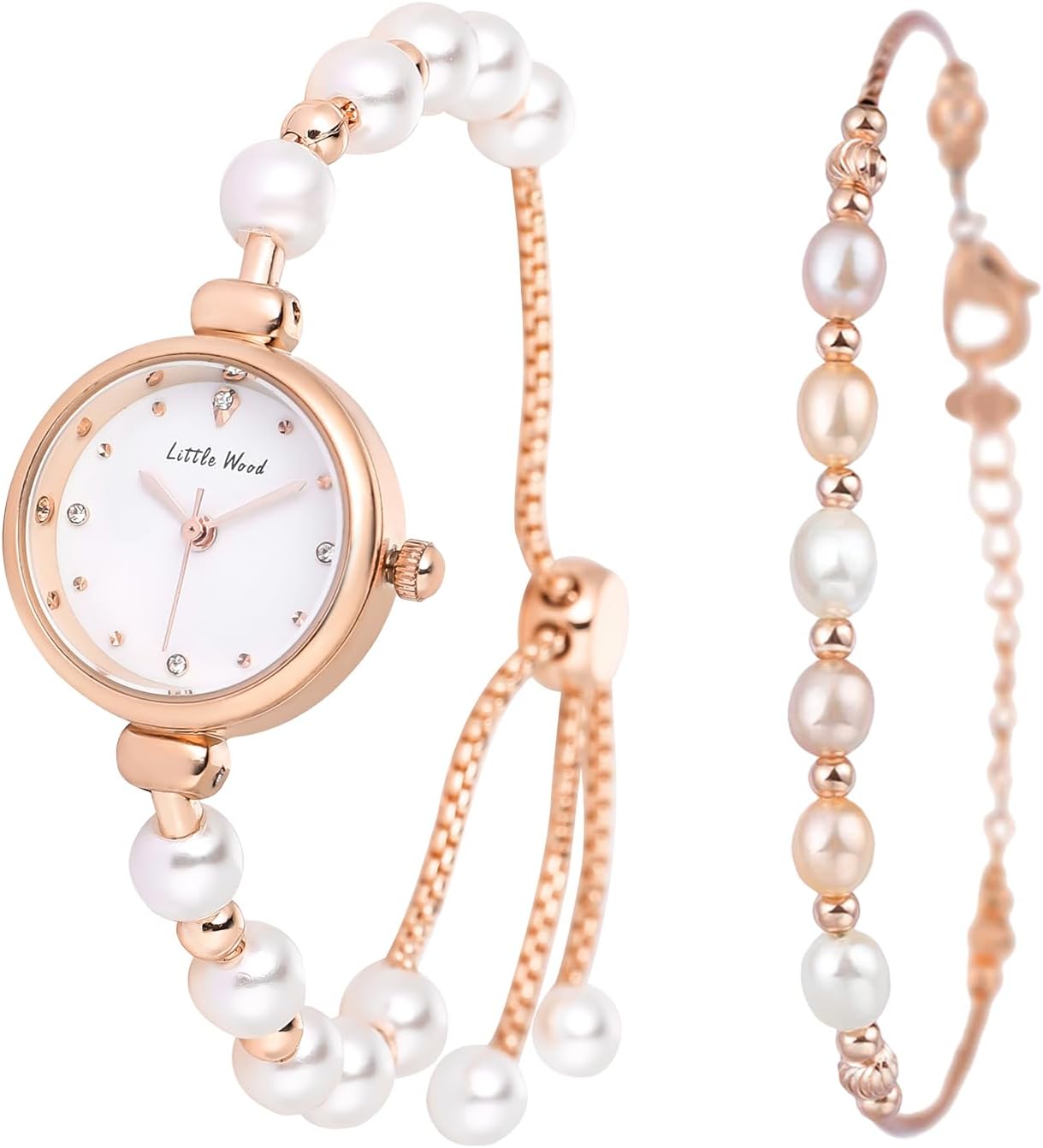 JewelryWe Pearl Bracelet Watch Set: Ladies Rose Gold Quartz Adjustable Stainless Steel Elegant Round Dial Bangle Watch Jewellery for Valentine's Day