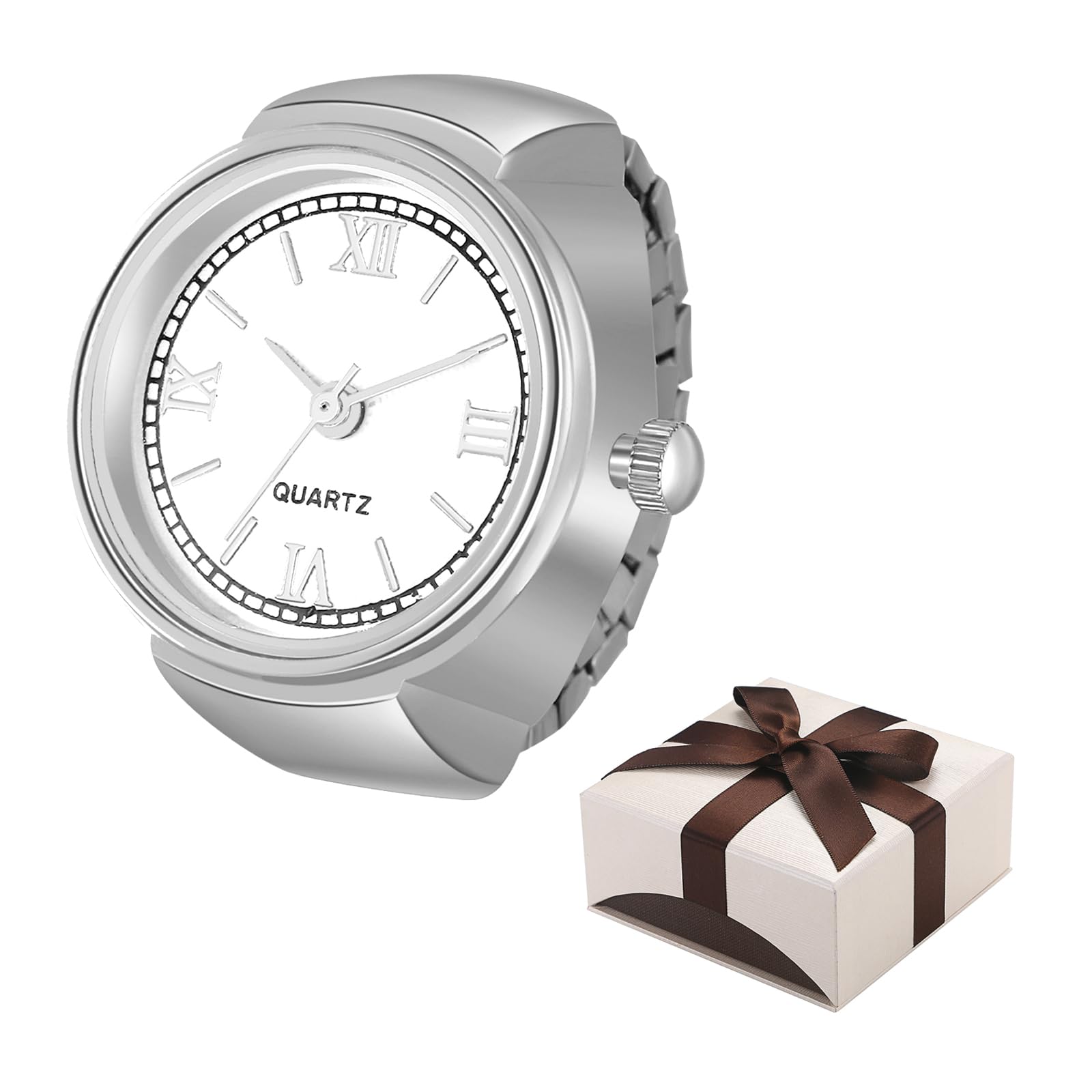 JewelryWe Finger Watch for Women - Stretchy Elastic Band Round Simple Dial Quartz Ring Watches for Daily and Office