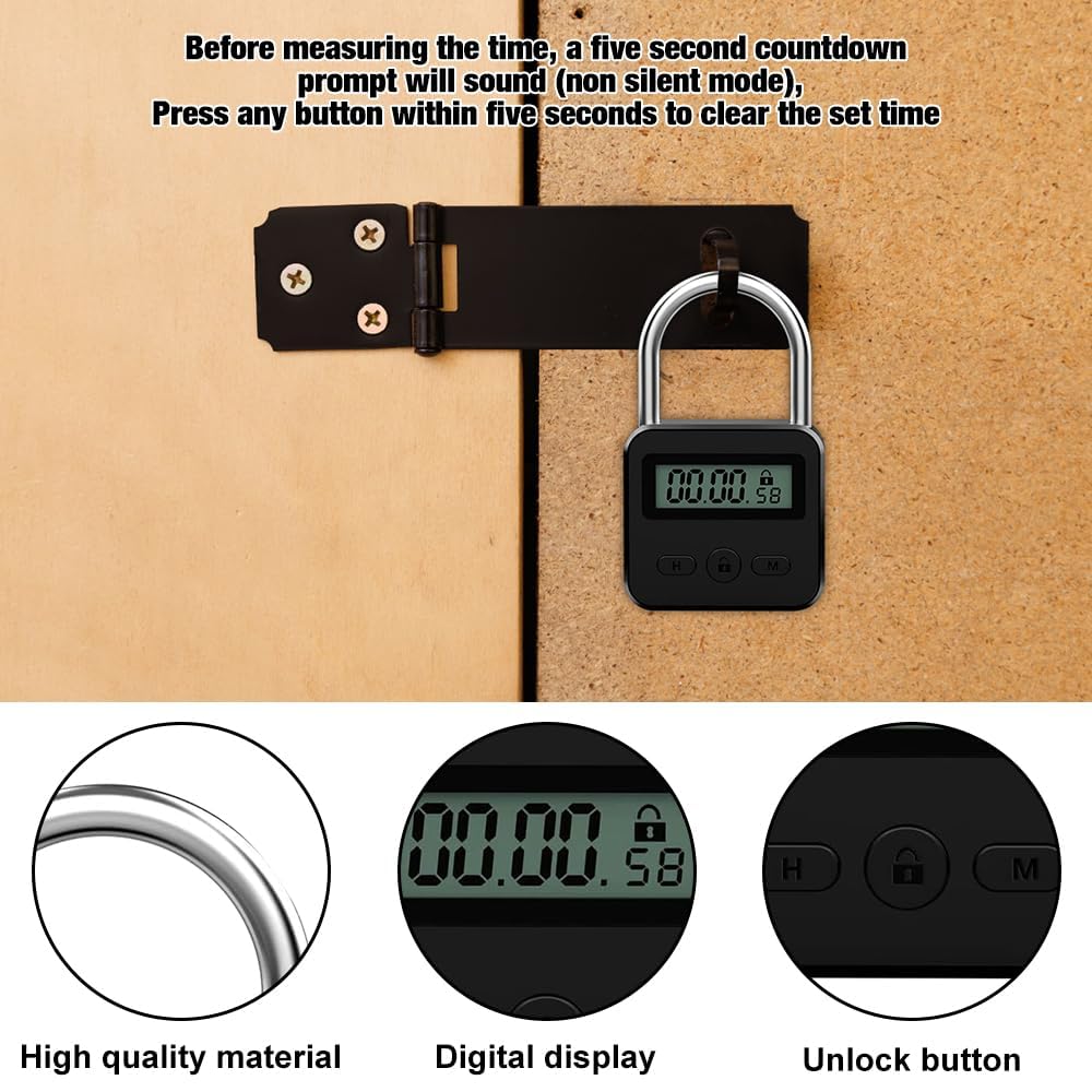 Bloqueo de Tiempo Inteligente, USB Recargable Candado Seguridad con LCD Pantalla Digital Máximo de 99 Horas Smart Time Lock Electrónico de Metal Resistente para Prevenir Malos Hábitos