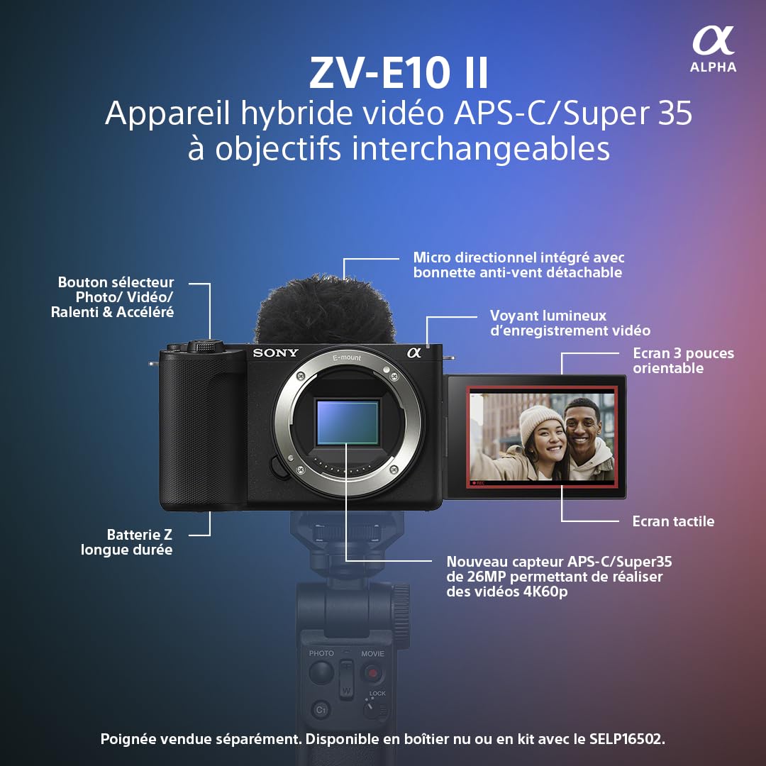Sony ZV-E10 II | Appareil Hybride à objectifs interchangeables APS-C avec 16-50 mm f/3.5-5.6 (Vidéo 4K60p 4:2:2 10 Bits, 26 MP, Stab. Digitale, Eye AF en Temps réel)