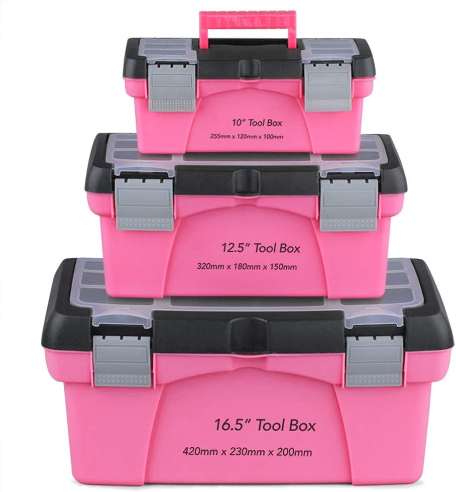 Sunxenze 12.5" Tool Box with Removable Tool Tray,Organizer and Storage For Tools, Fishing Tackle, Toys, Art, Craft, and Parts.(Pink Toolbox)