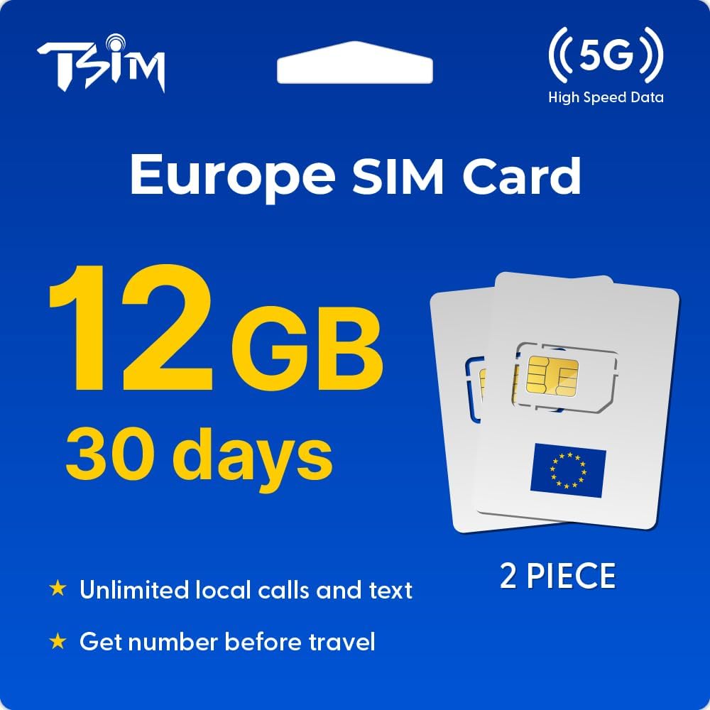 TSIM Europe SIM Card for Travel 30 Days 12GB - 2 Piece | Unlimited Local Calls and Text | Get Number Before Travel | 30+ Countries Austria, France, Germany, Italy, Switzerland, Spain, UK