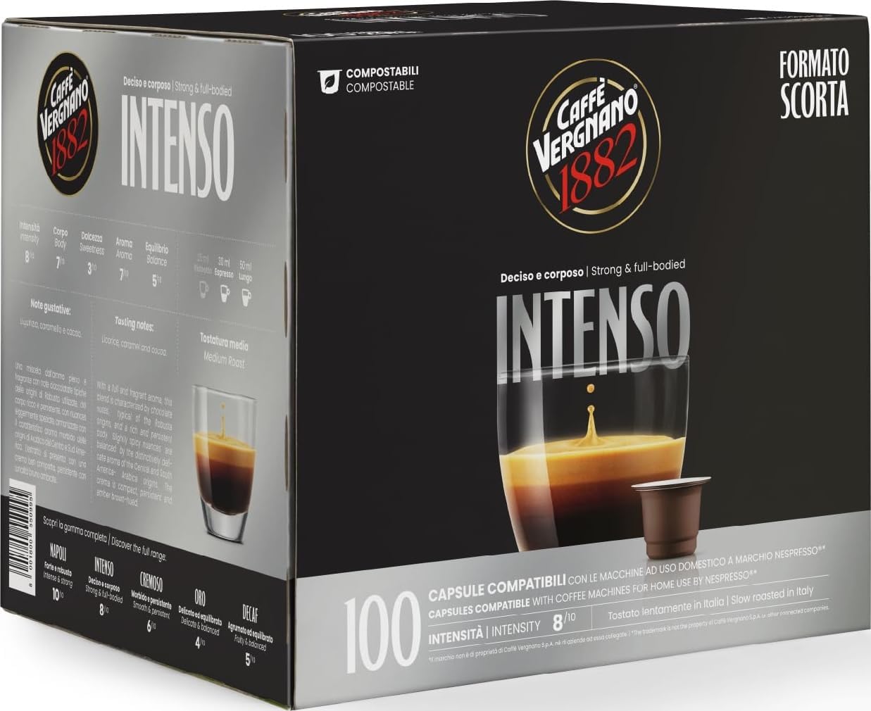 Caffè Vergnano Èspresso1882 - 100 Capsule Caffè Compatibili Nespresso e Compostabili, Intenso - Pack da 100 capsule