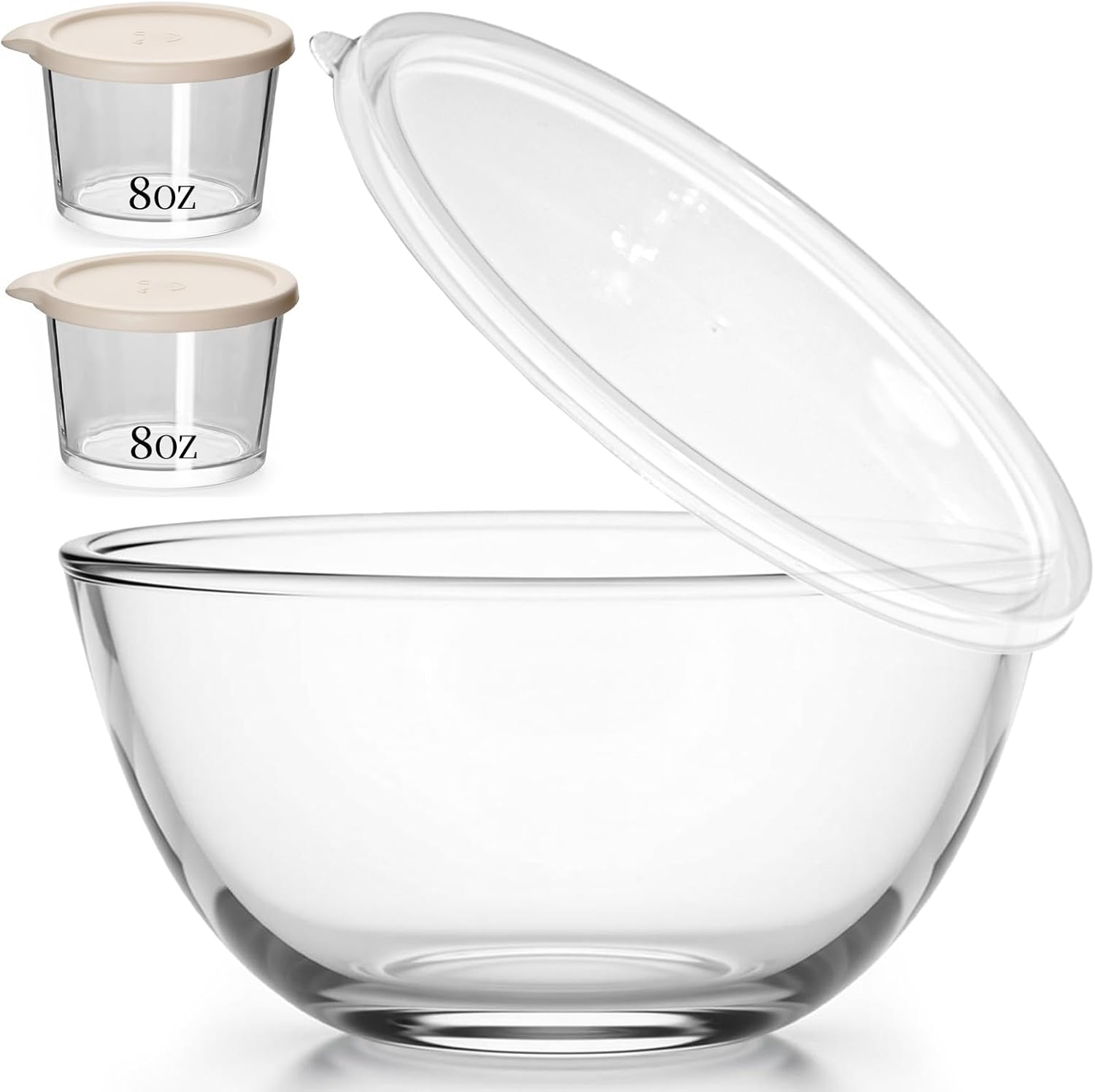 Large Glass Bowl for Sourdough Bread Making with Lid, 5Quart Deep Big Glass Bowl Large Salad Bowl with 8oz Small Bowls(clear)
