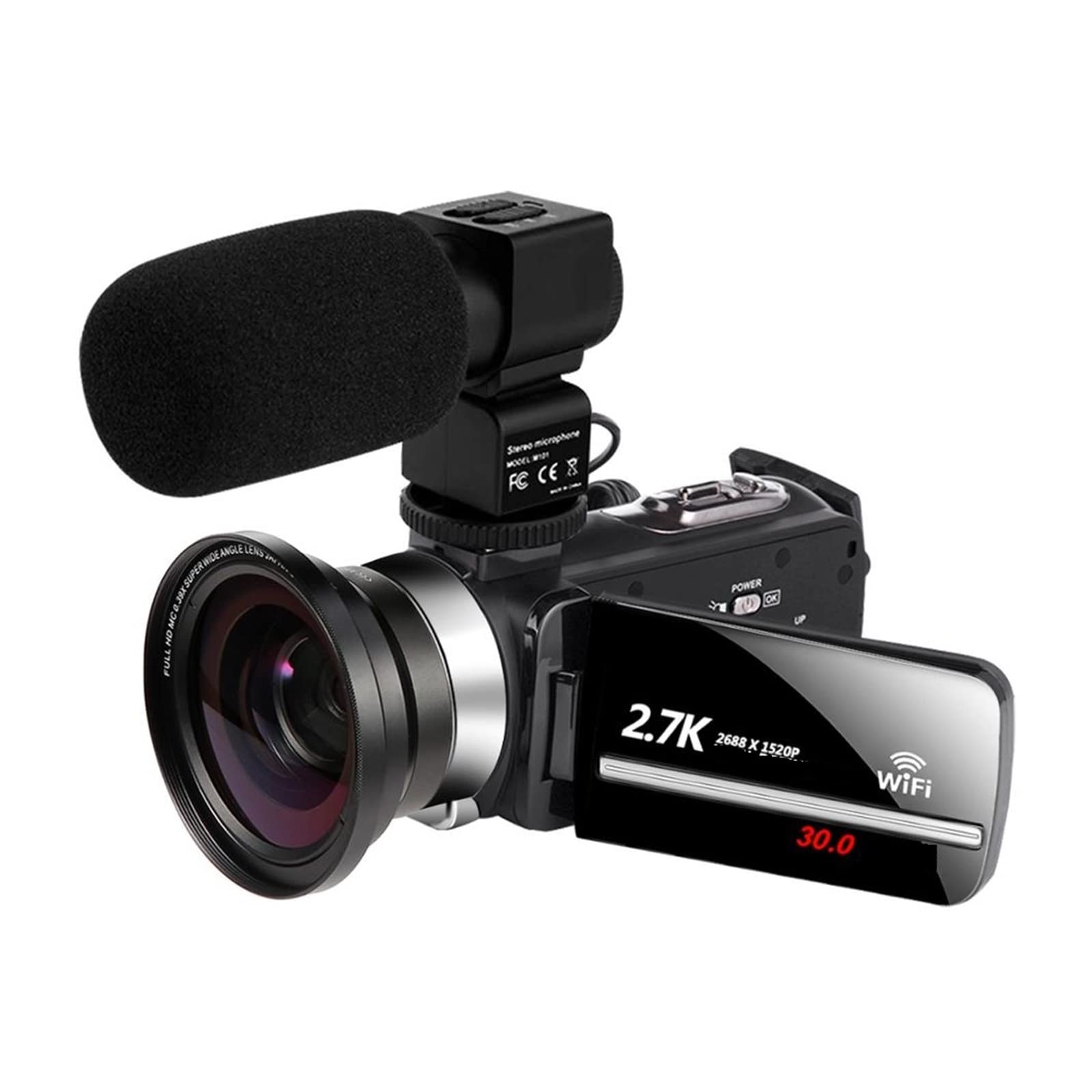CVFRDD 2 PCS 2.7K Video Camera Digital Camcorder 3.0 Inch Touch Screen 30MP 16X Digital Zoom Support Camera FHD Video Camcorder(Lens and mic)