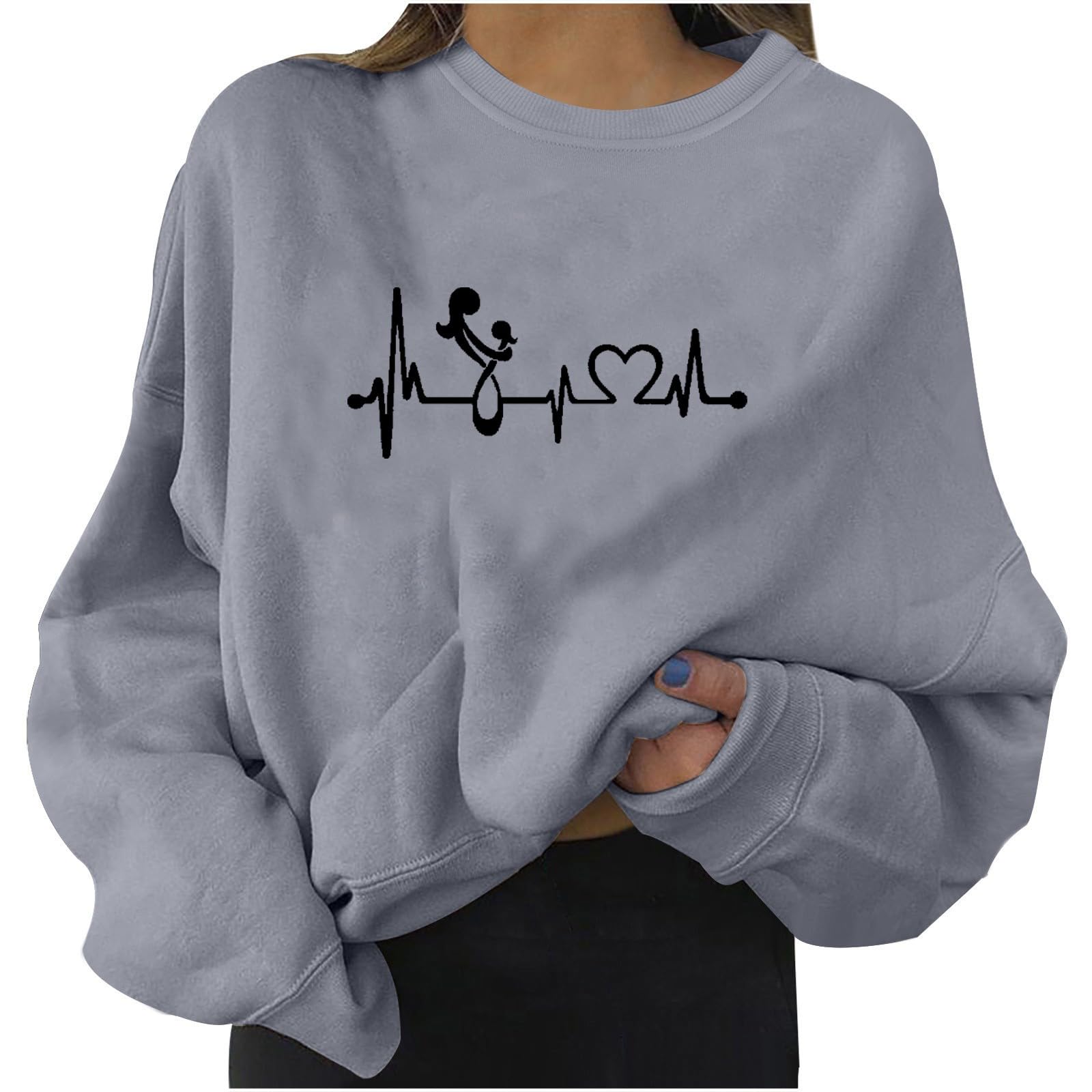 Felpa con Cappuccio Felpa con Cappuccio a Maniche Maglione Felpe con Cappuccio da Donna Maglione per Donna Casual Manica Lunga Girocollo Battito Cardiaco Stampe Top Ampio