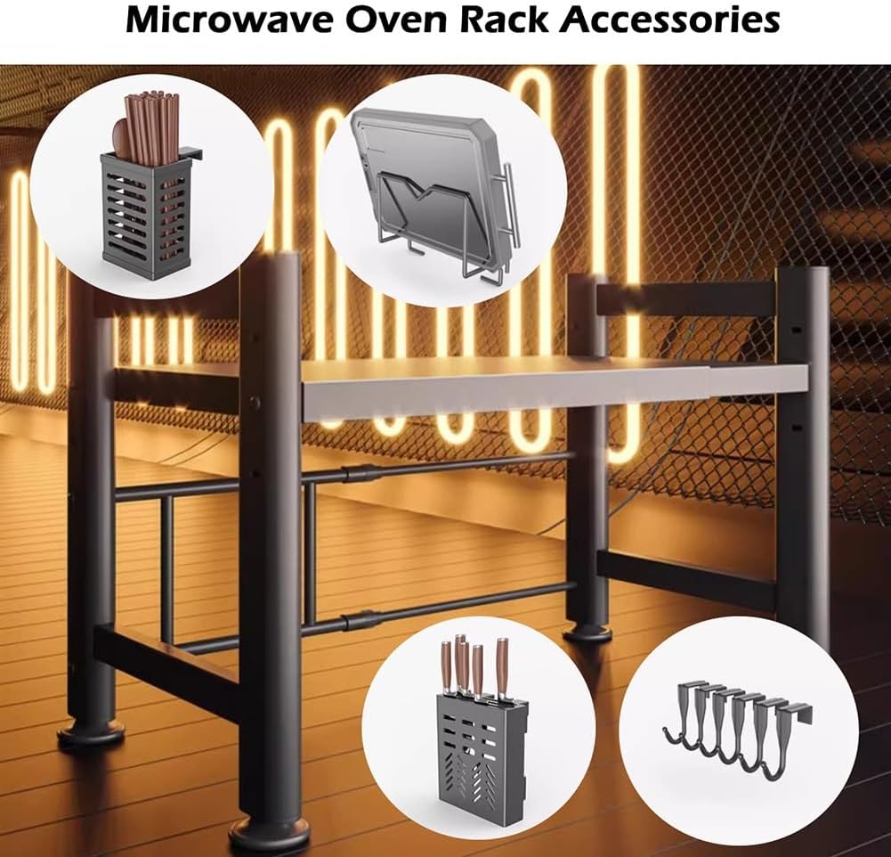 Microwave Oven Rack Expandable Carbon Steel Microwave Shelf with 6 Hooks and Cutting Boards Stand Kitchen Microwave Stand