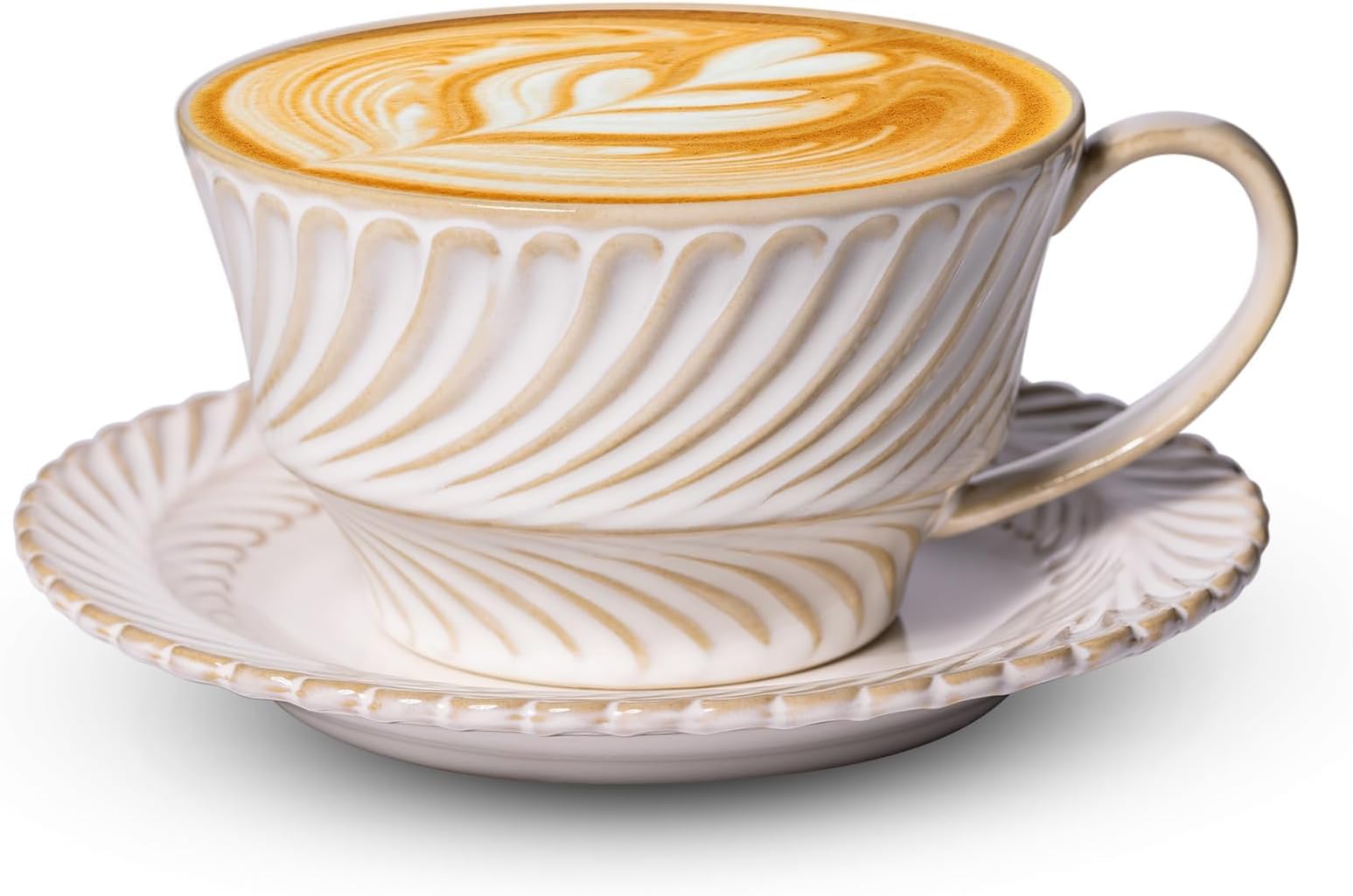 KASTWAVE 8.45oz Latte Cup with Saucer Set, Vintage Embossed Bone China Porcelain Coffee Mug for Cappuccino, Espresso & Turkish Coffee, Farmhouse Style Gift for Baristas