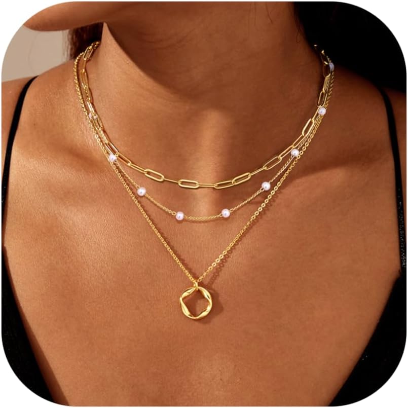 TEN MIRO Layered Gold Necklaces for Women Non Tarnish, Dainty 16k Real Gold Plated Necklace Stack Layering Chain Necklaces Stackable Circle Pendant Pearl Choker Paperclip Necklace for Women