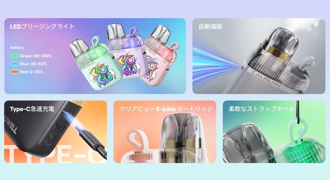 Diagram showing LED indicator, auto-draw, Type-C charging, clear view cartridge, and strap hole features of the Uwell Caliburn G3 Lite KOKO