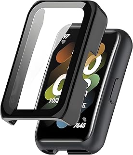 Nopatia Hard Case Built-in 2 Tempered Glass Screen Protector, Full Coverage Shockproof Protective Cover for Huawei Band 7 / Band 6 1.47 Inch