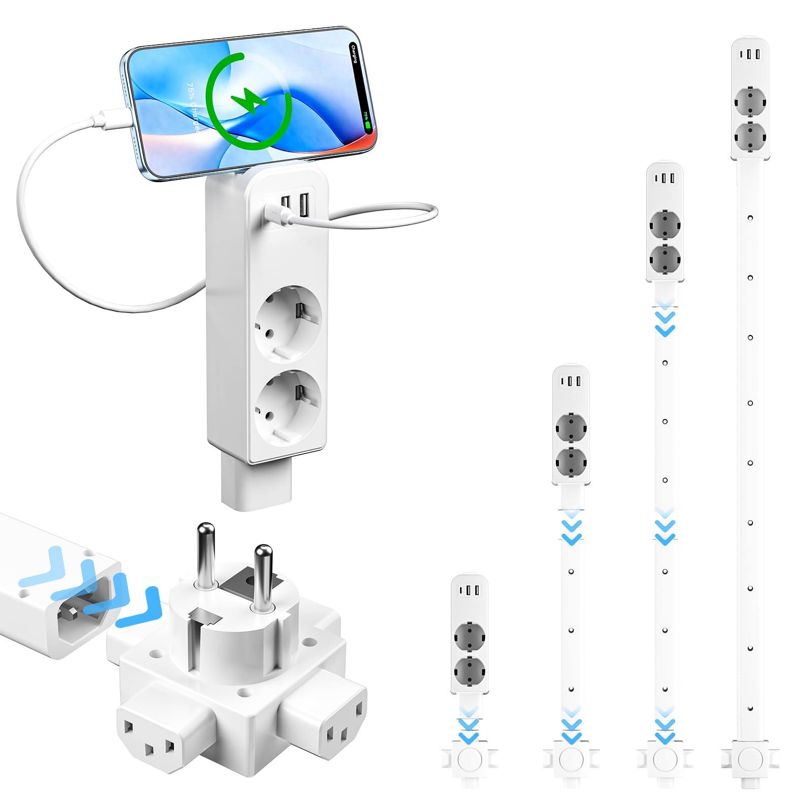 Erweiterbare Steckdosenverlängerung 25–95 cm, 2 AC, 2 USB-A & USB-C