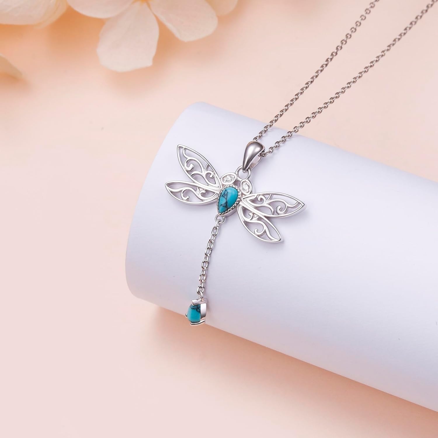 Alphm Turquoise Dragonfly Necklace S925 Sterling Silver Western Boho Dragonfly Pendant Necklaces Jewelry Mother's Day Birthday Gifts for Women Mom Sister Friends