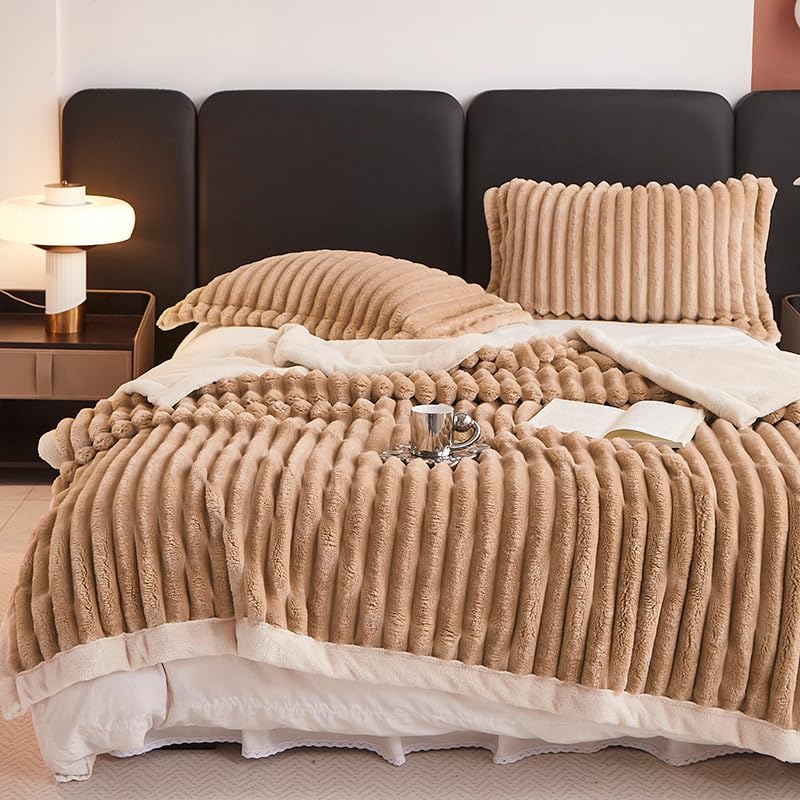 Couverture en laine marron 100x200 cm plaid de camping grand format chaud et double face
