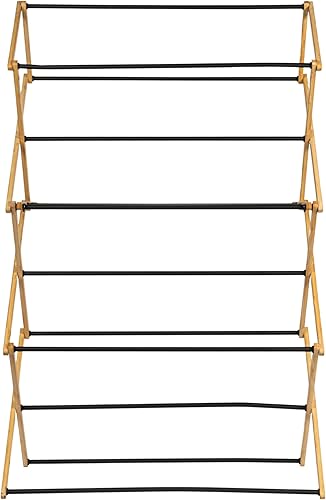 Miniatura 8 de Household Essentials Estante de secado de ropa plegable de bambú Gran capacidad, 14 tacos de metal recubiertos, 28 pies de espacio de secado