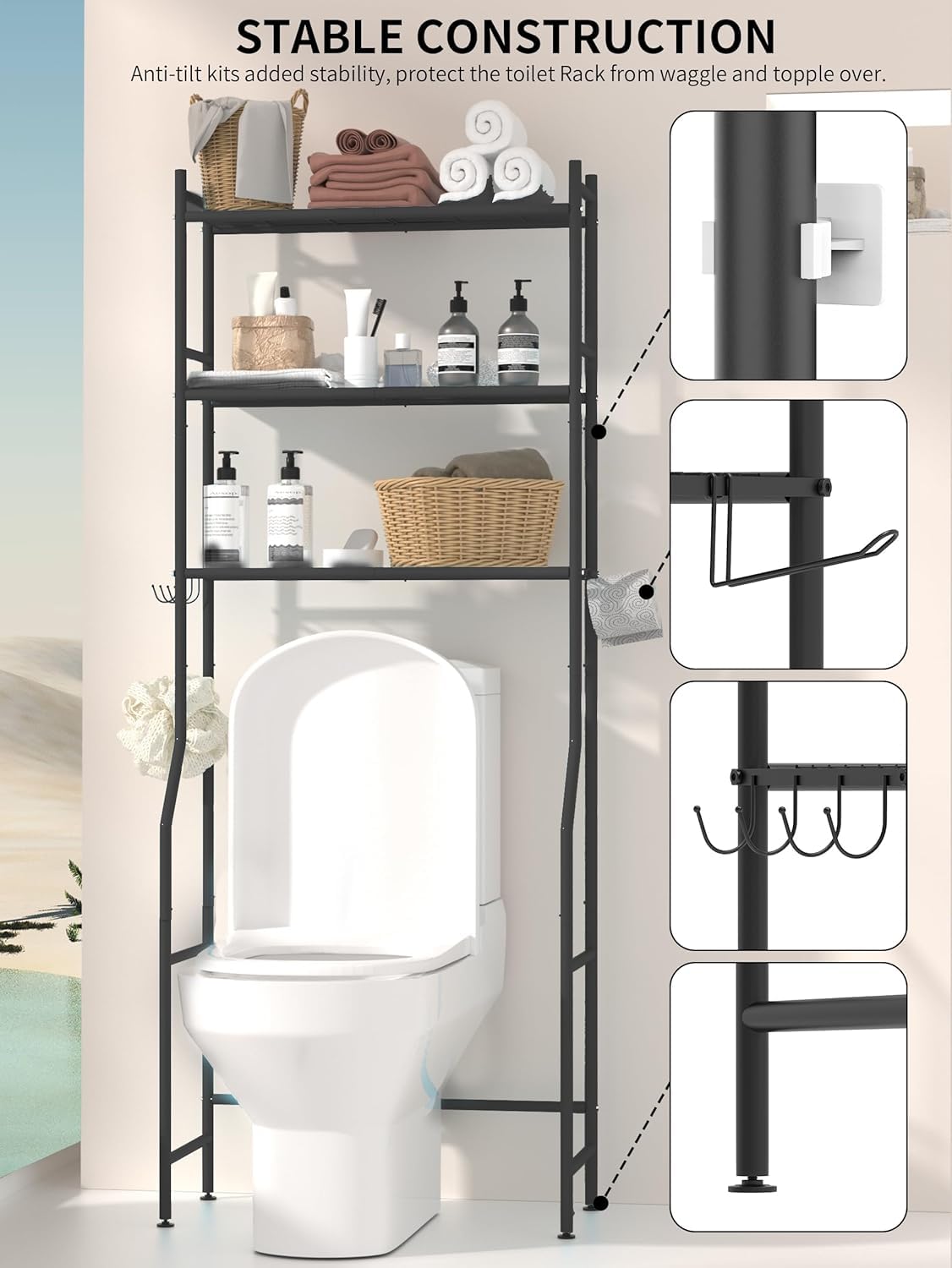GloTika 3-Tier über die Toilette Lagerung, Platzsparer Metall Badezimmer Regale, freistehend über die Toilette Lagerung Regal mit 4 Haken für Badezimmer, schwarz