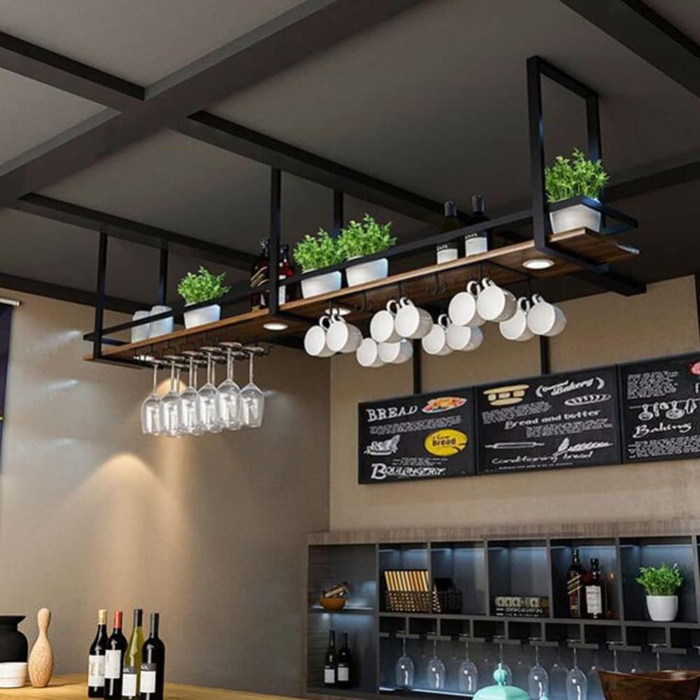 Industrial Ceiling Mount Shelf, Vintage Display Wine Storage Holder Hanging Bookcase Ceiling-Mounted Floating Shelves for Under Cabinet, Kitchen, Bar (Brown 80x30x50cm)