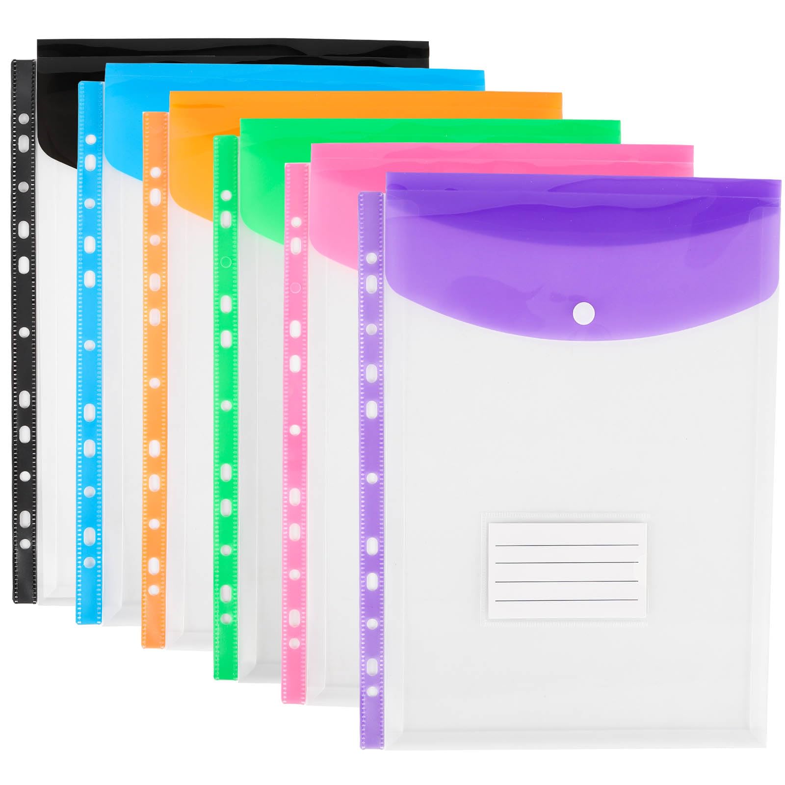 6pcs Plastic Wallets A4 Punched Pockets, 11 Holes Expandable Binder Folders for 2/3/4 Ring Document Pouch with Snap Button & Label Loose-Leaf Transparent for Office School Home (Top Open) — image 1