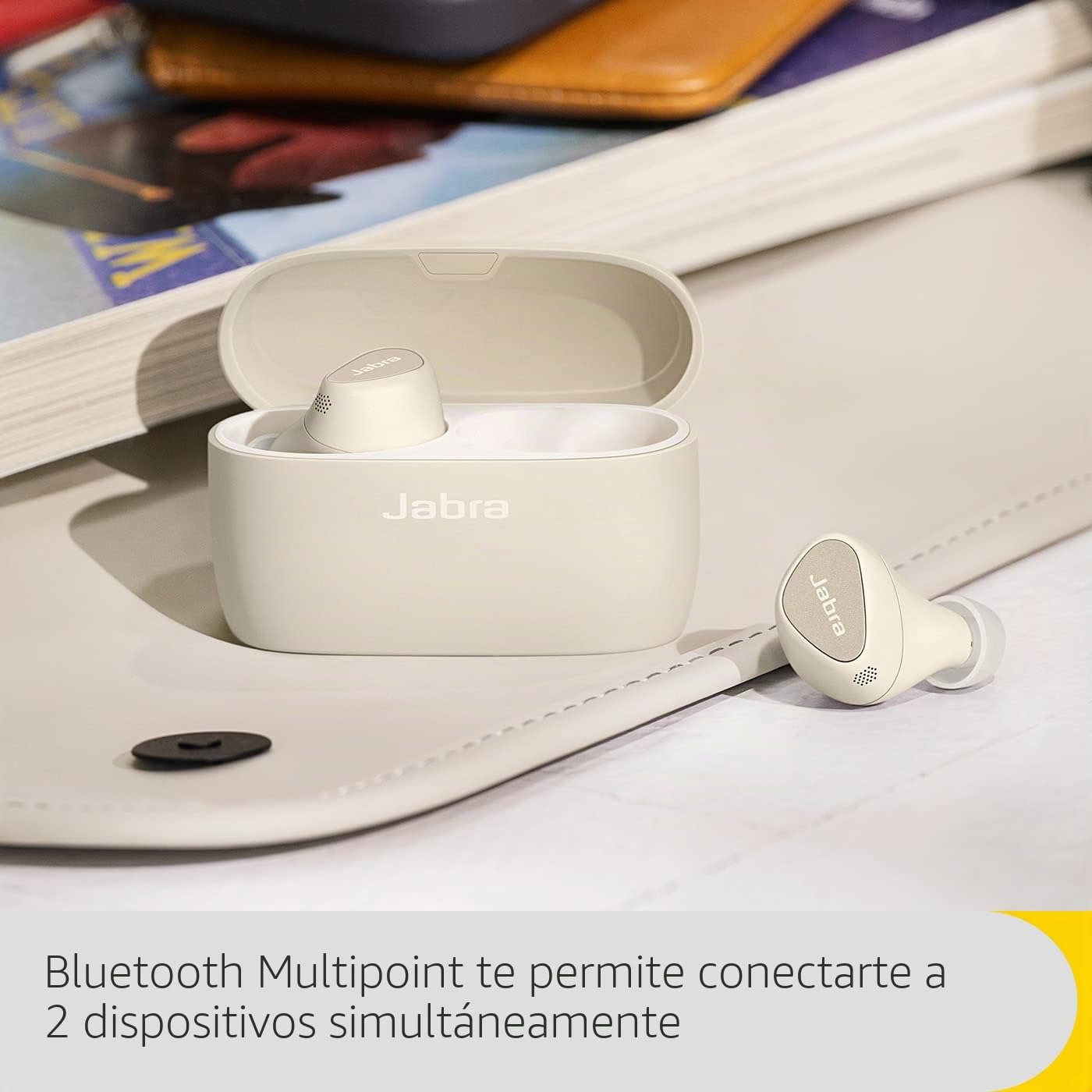 Jabra Elite 5 True Wireless Auriculares Bluetooth Inalámbricos con Cancelación Activa de Ruido (Car) Híbrida, 6 Micrófonos, Ajuste Ergonómico y Altavoces de 6 mm - Hechos para iPhone - Beige Oro