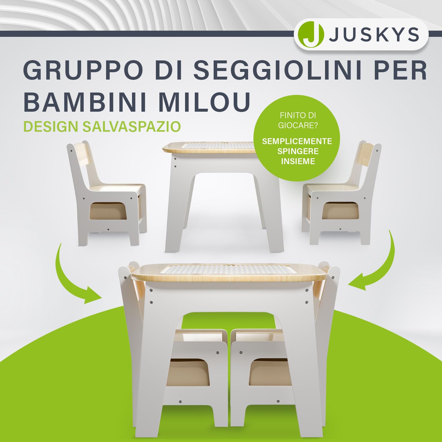 Juskys Set da tavolo per bambini Milou - 2 sedie & 1 tavolo in legno con spazio contenitore - set gioco e disegno per bambini - naturale