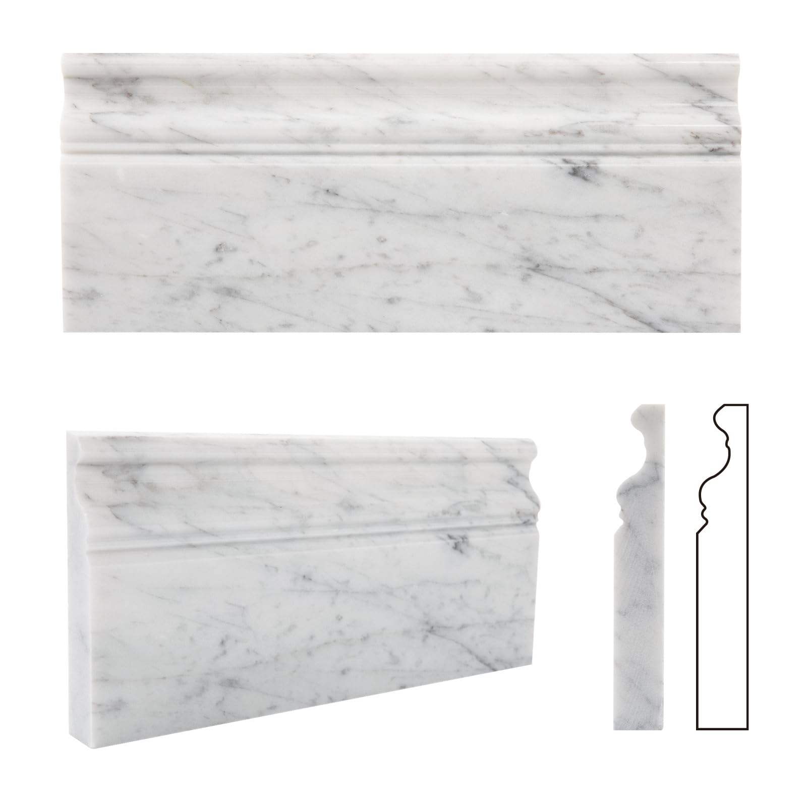 Adolif Carrara White Marble Baseboard Trim, 100% Natural Marble, Polished, Italian Bianco Carrara Marble Baseboard Trim Molding, 5x12 Inch, 4 Pcs