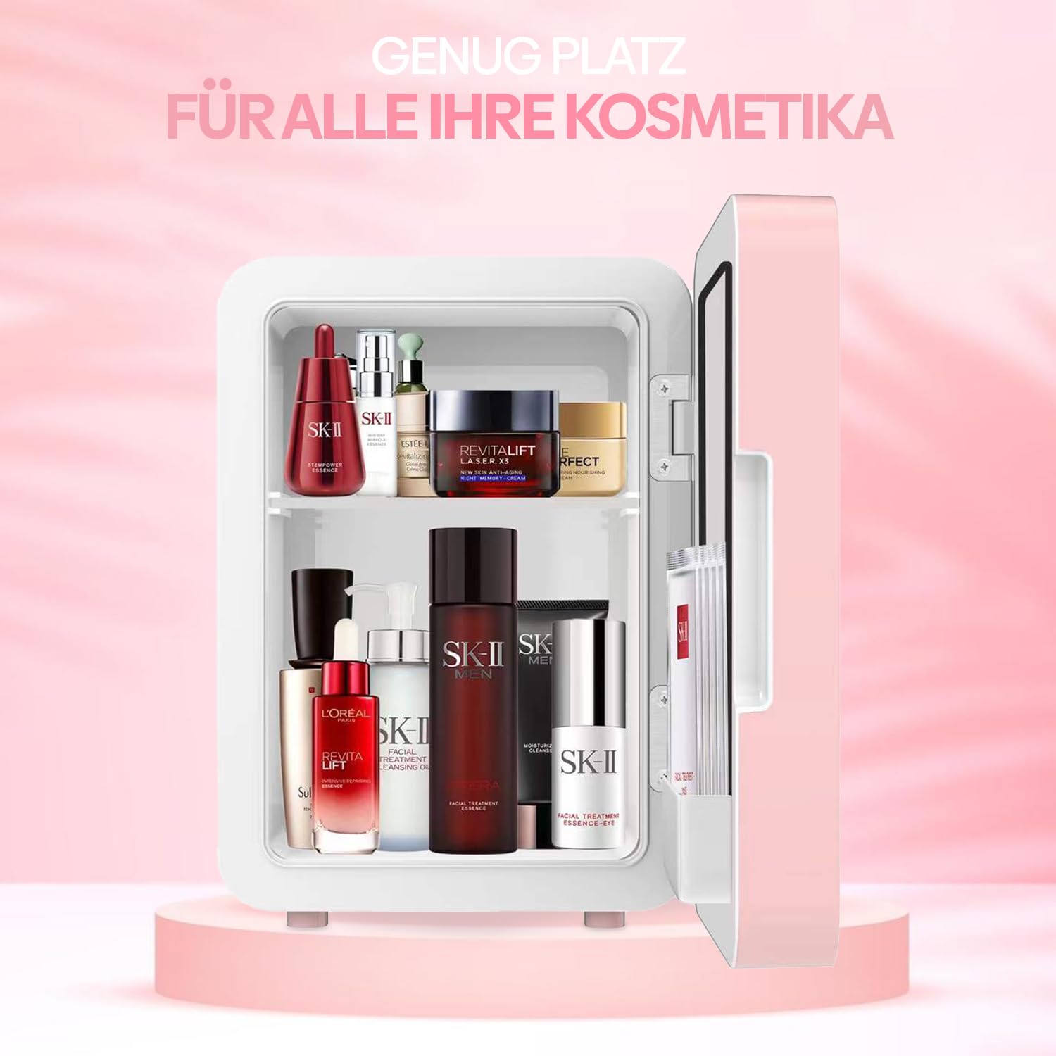 Olvy Kosmetik Kühlschrank 4 Liter, Tragbarer Mini Kühlschrank mit LED Spiegel, Klein Skincare Fridge, Kühl und Heiß für Zimmer, Rosa