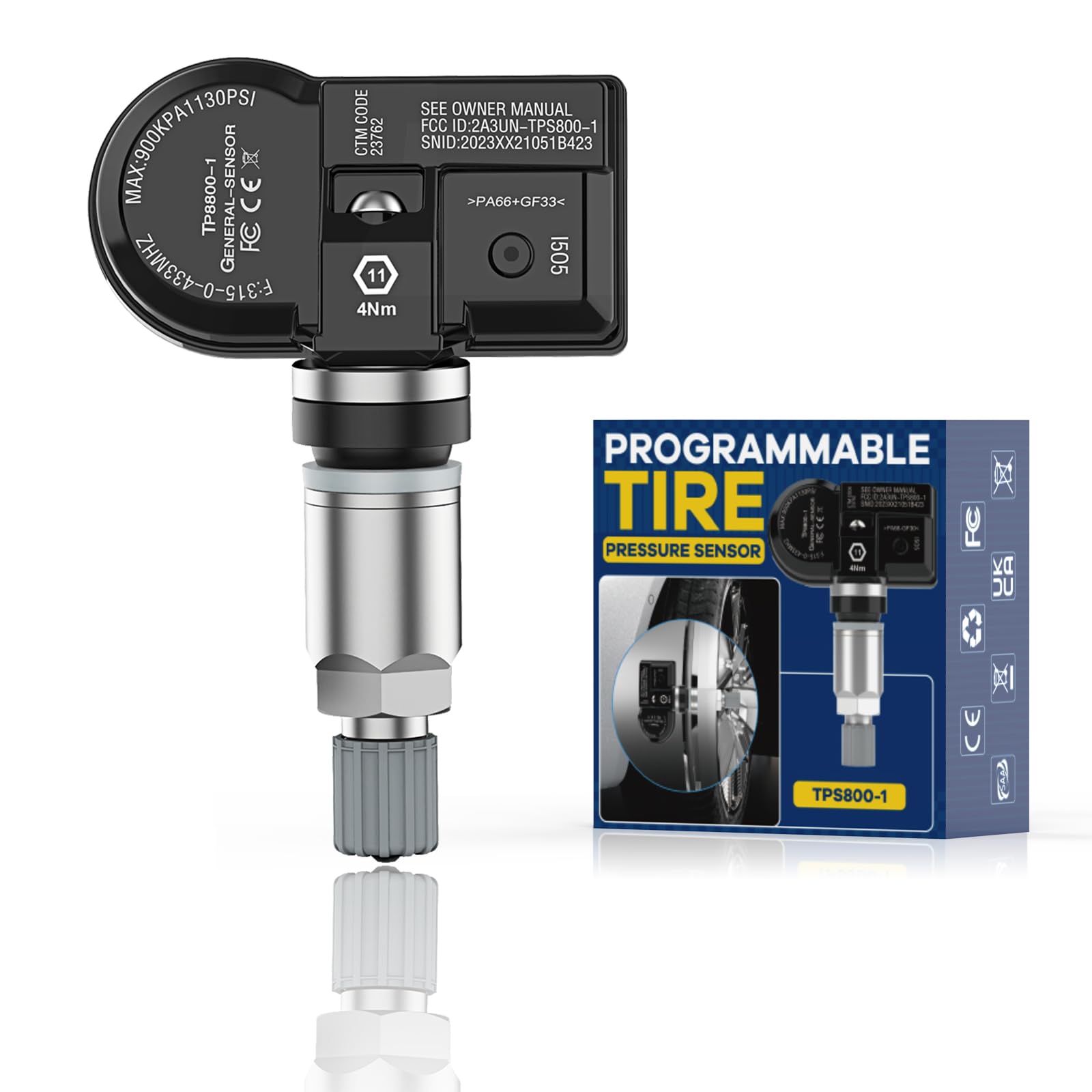 ISINFLASH TPS800-1 TPMS Sensor (315 MHz + 433 MHz) 2 in 1 Dual Frequency Metal Tire Pressure Monitor System Sensor, OE-Level, Unlimited Times Program Just with XTP-SP820 TPMS Tool to Use, 1 Pcs