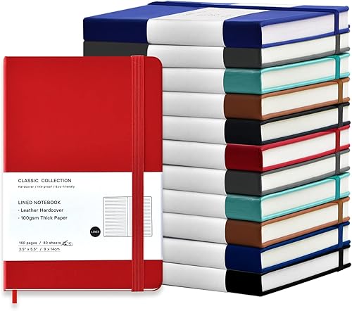 Coopay Paquete de 12 cuadernos de bolsillo a granel, 3.5 x 5.5 pulgadas, 160 páginas a rayas, mini bloc de notas A6, diario de cuero de tapa dura