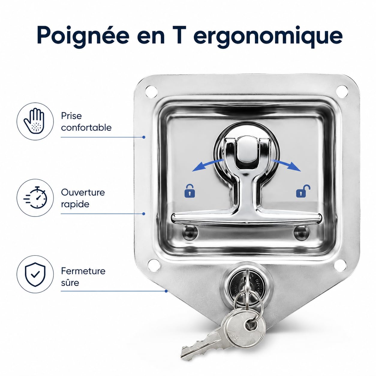 Lot de 4 serrures de boîte à outils avec poignée en T en acier inoxydable - Avec 2 clés - Pour camion, remorque, boîte à outils