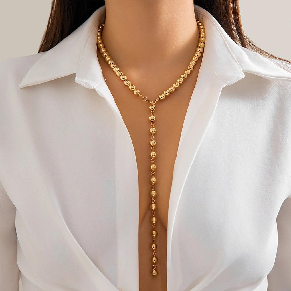 Vintage Gold Round Beaded Lariat Necklace for Women,Dainty Long Y-Shaped Statement Pendant Necklace,Personalized Trendy Jewelry Accessories Gift - Image 2