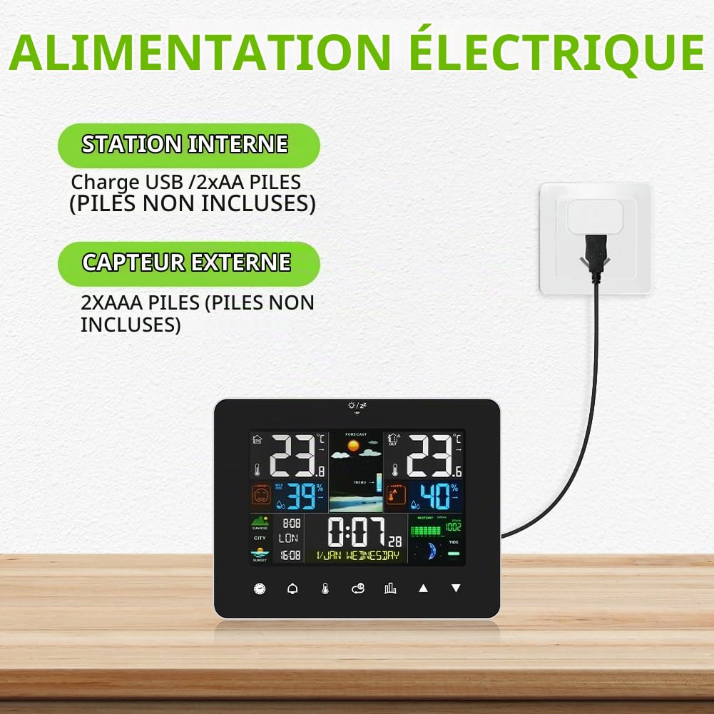 OFFCUP Station Météo Professionnel Sans Fil, Thermomètre Numérique avec Capteur Exterieur Interieur, Écran LCD Couleur Hygromètre Baromètre Prévisions Météo 8 Heures pour Maison, Jardin