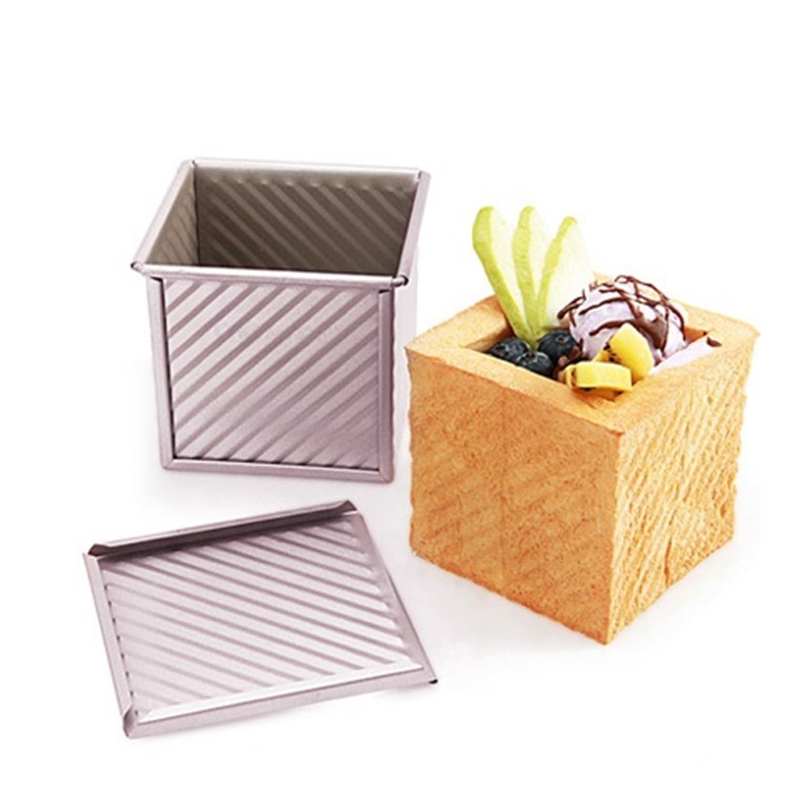 Pull Man Molde for Pan con Tapa Antiadherente, Rectangular, Caja for Tostadas de Pan de Acero al Carbono, Corrugado, for Hornear Pan, Capacidad de Masa de 1 Libra(B,14.9 * 14.9 * 13.7cm)
