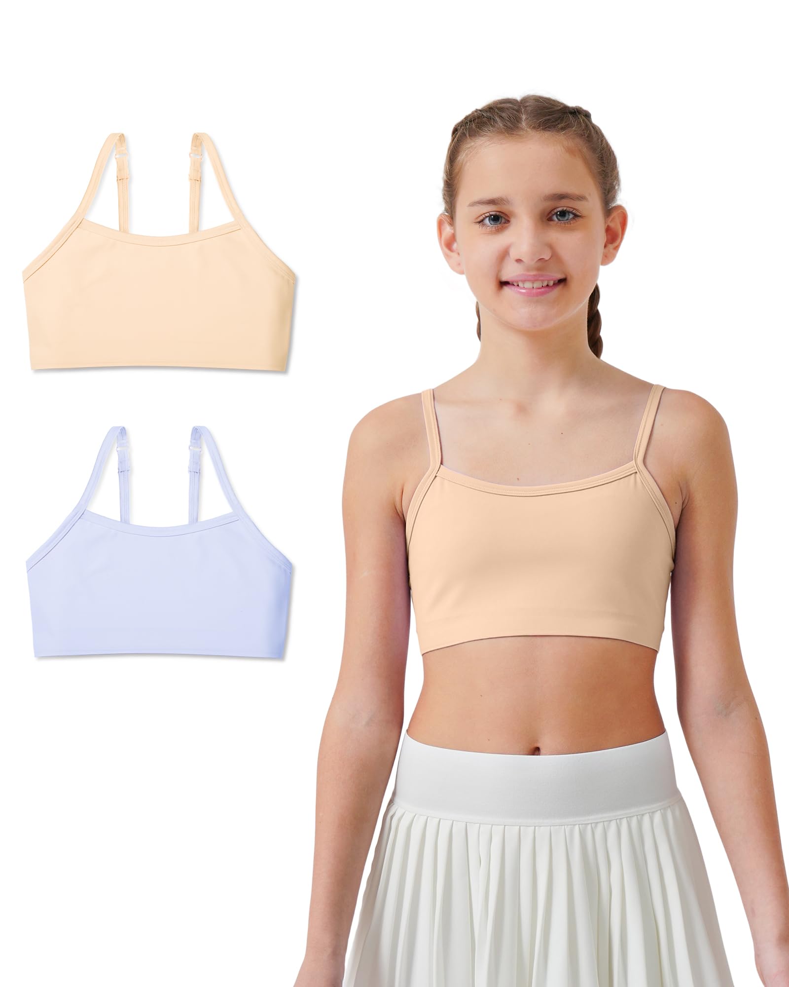 Soft Training Bras for Girls 7-12 Crop Cami First Bra with Adjustable Straps - No Pads Chest Double