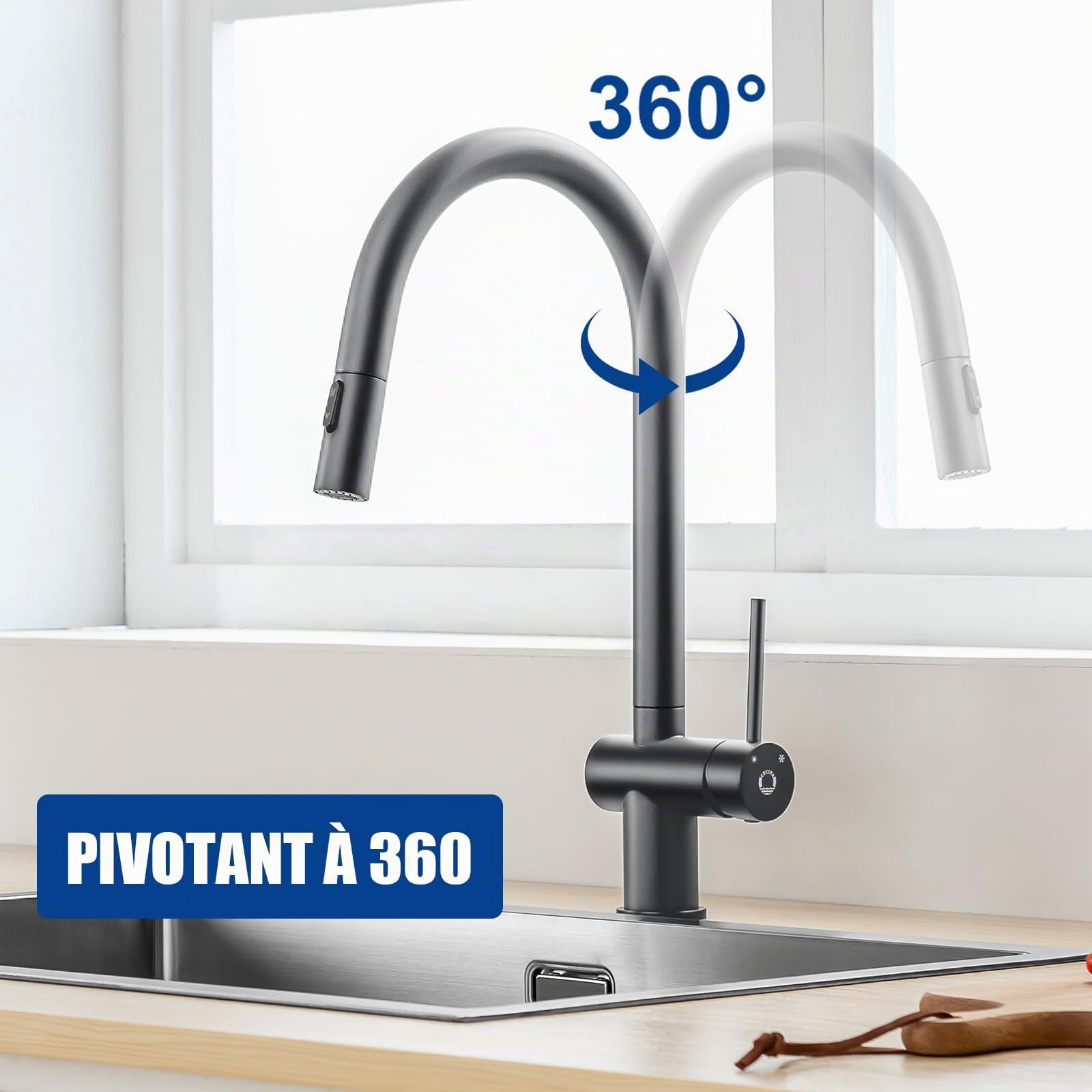 CECIPA Robinet de Cuisine Noir Extractible, Mitigeur avec Douchette 2 Modes de Jet, Rotation 360°, Haute Pression, Acier Inoxydable pour Évier de Cuisine