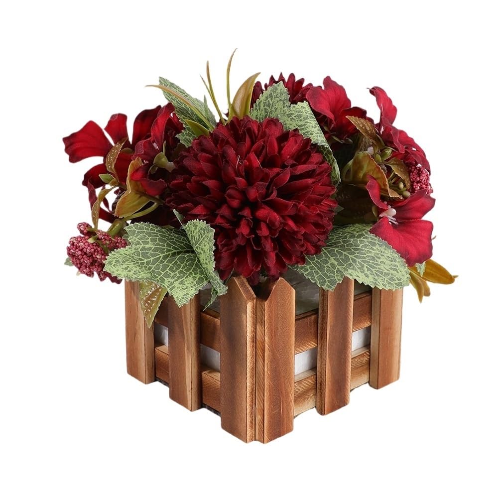 Huffa Winered Wooden Fence Artificial Flower Potted Silk Flower Set - Decorative Chrysanthemum Green Plant Ornaments(Winered)