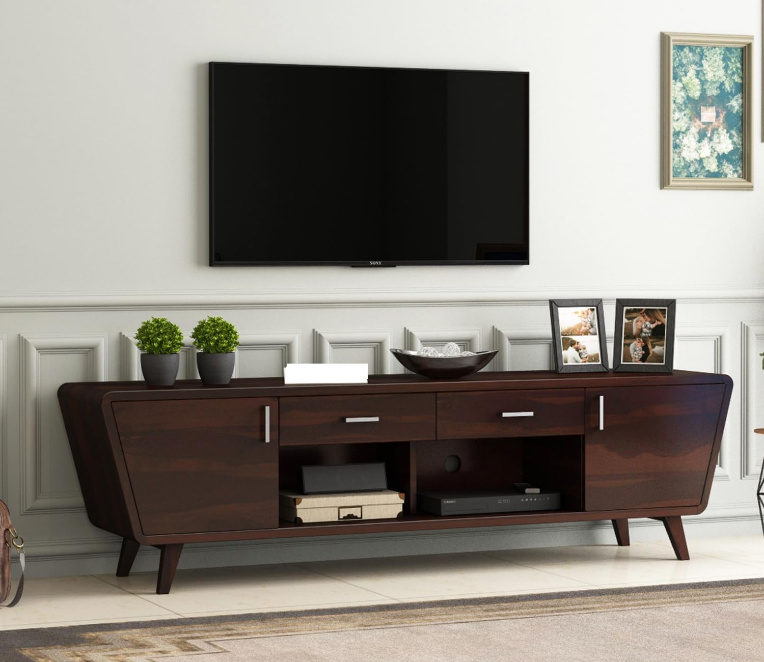Sheesham Wooden TV Unit for Living Room | TV Cabinet Wooden Media Console for Bedroom Hall | TV Stand Table with Shelf Storage Sideboard Cabinet | (Walnut, Amy)-image-17