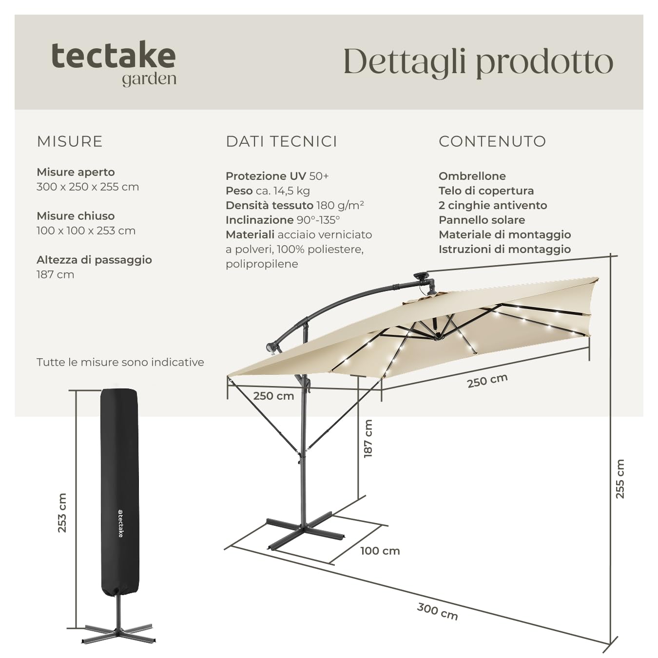 tectake® Ombrellone da Giardino Sunna, 2,5x2,5m, LED ad Energia Solare, Inclinazione Regolabile, Manovella, Custodia Protettiva, Stabile contro Vento, Arredo Giardino