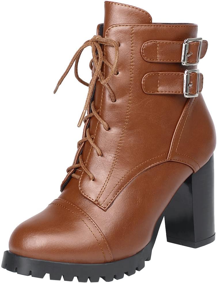 KOKOMOMO Womens Lace Up Chunky High Heel Ankle Boots Ladies Buckle Booties