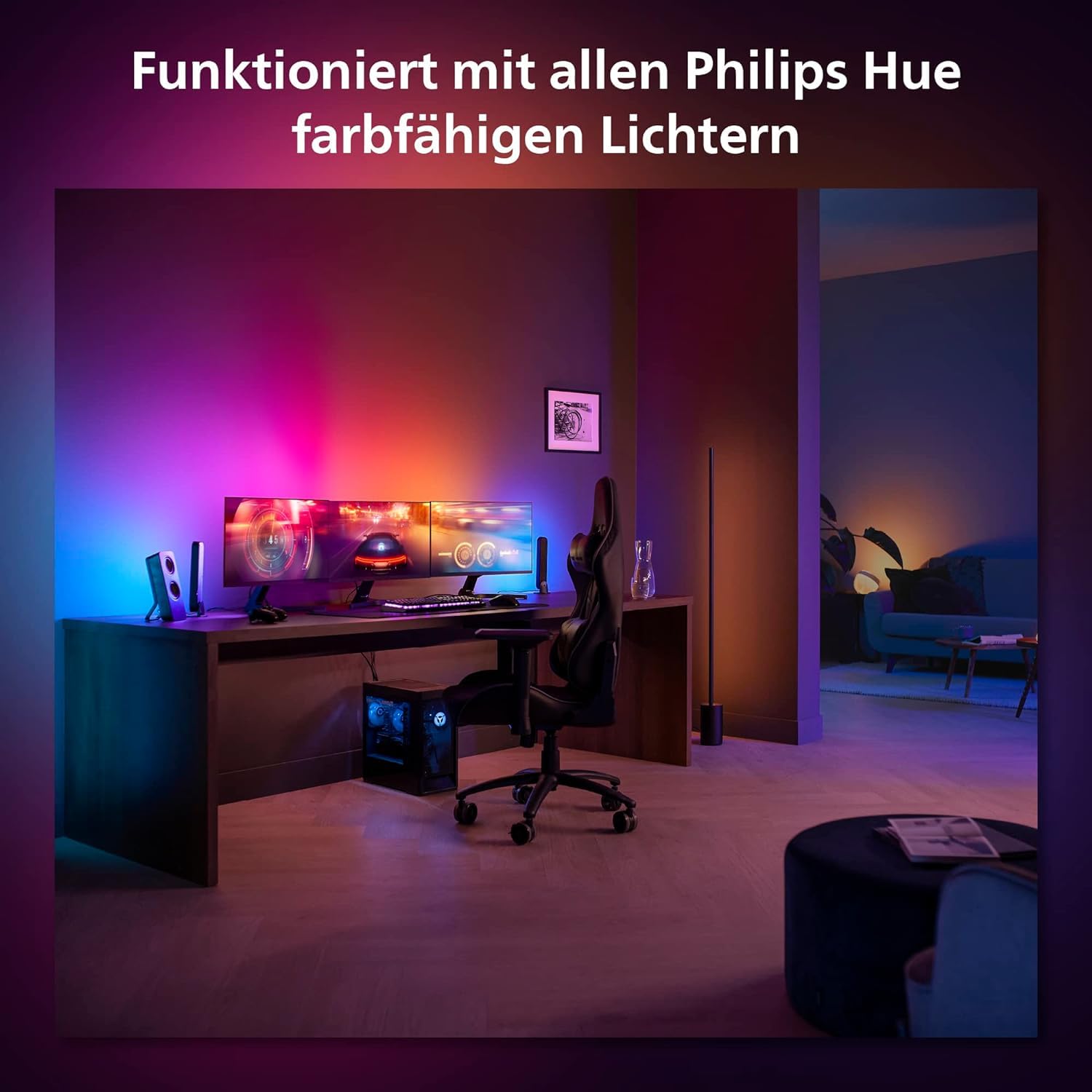 Philips Hue White & Color Ambiance Play Gradient, PC Lightstrip für 3 x 24-27 Zoll, dimmbar, 16 Mio. Farben, Starter Set, inkl. Hue Bridge, kompatibel mit Amazon Alexa (Echo, Echo Dot)