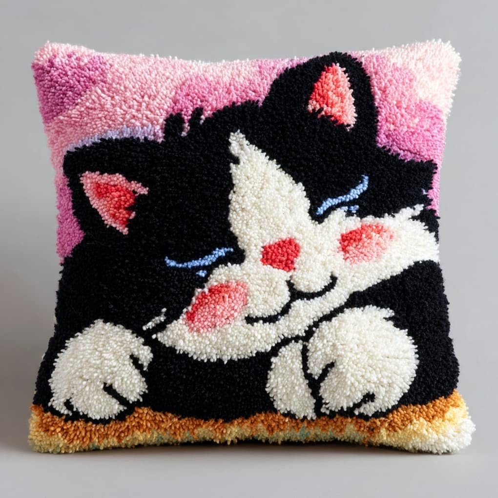 Henypt DIY Latch Hook Kit 43x43cm / 17x17 Inch,Sleeping cat Complete Crochet Rug Kit with Yarns & Hook,Creative Needlework Gift for Family