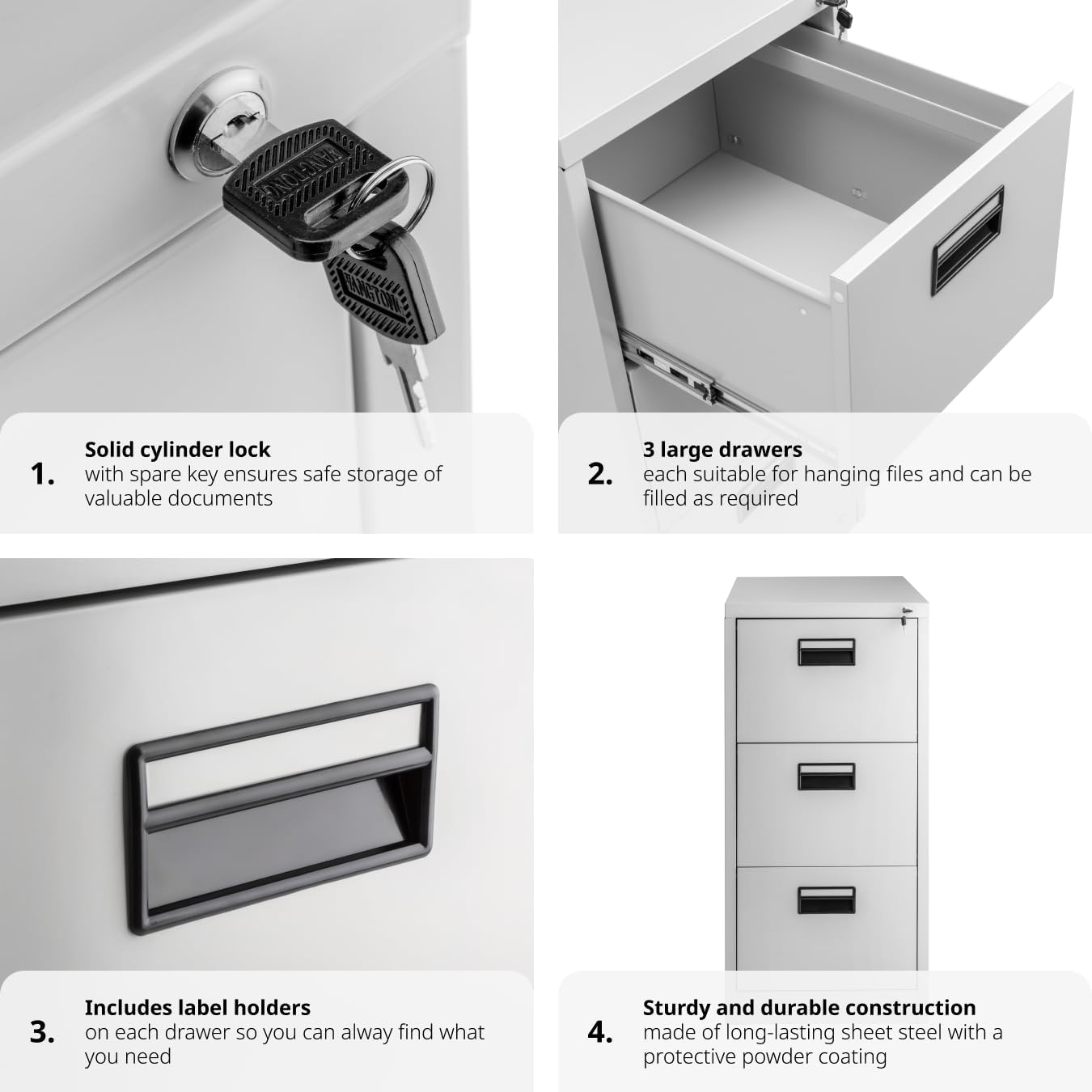 Close-up of filing cabinet features: lock, drawers, label holders, and construction