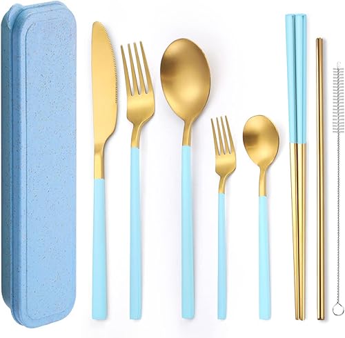 Miniatura 17 de AARainbow Juego de cubiertos de acero inoxidable de 8 piezas, portátil, reutilizable, juego de utensilios de viaje, incluye palillos, cuchillo