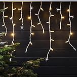 200 LED Christmas Snowing Effect Icicle Lights Battery Operated Fairy String Light Window Curtain Hanging Indoor Outdoor 8 Modes Holiday Lighting Home Festive Xmas Decorations (White & Warm White)