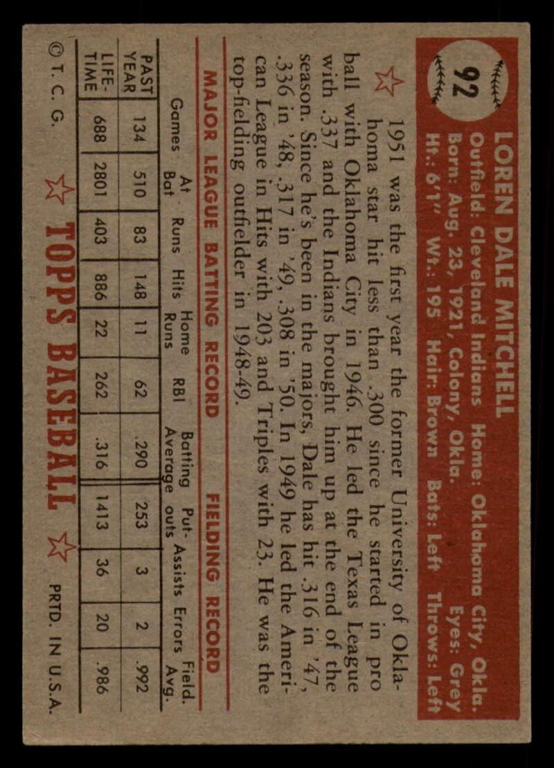 Baseball MLB 1952 Topps #92 Dale Mitchell EX++ Excellent++ Indians