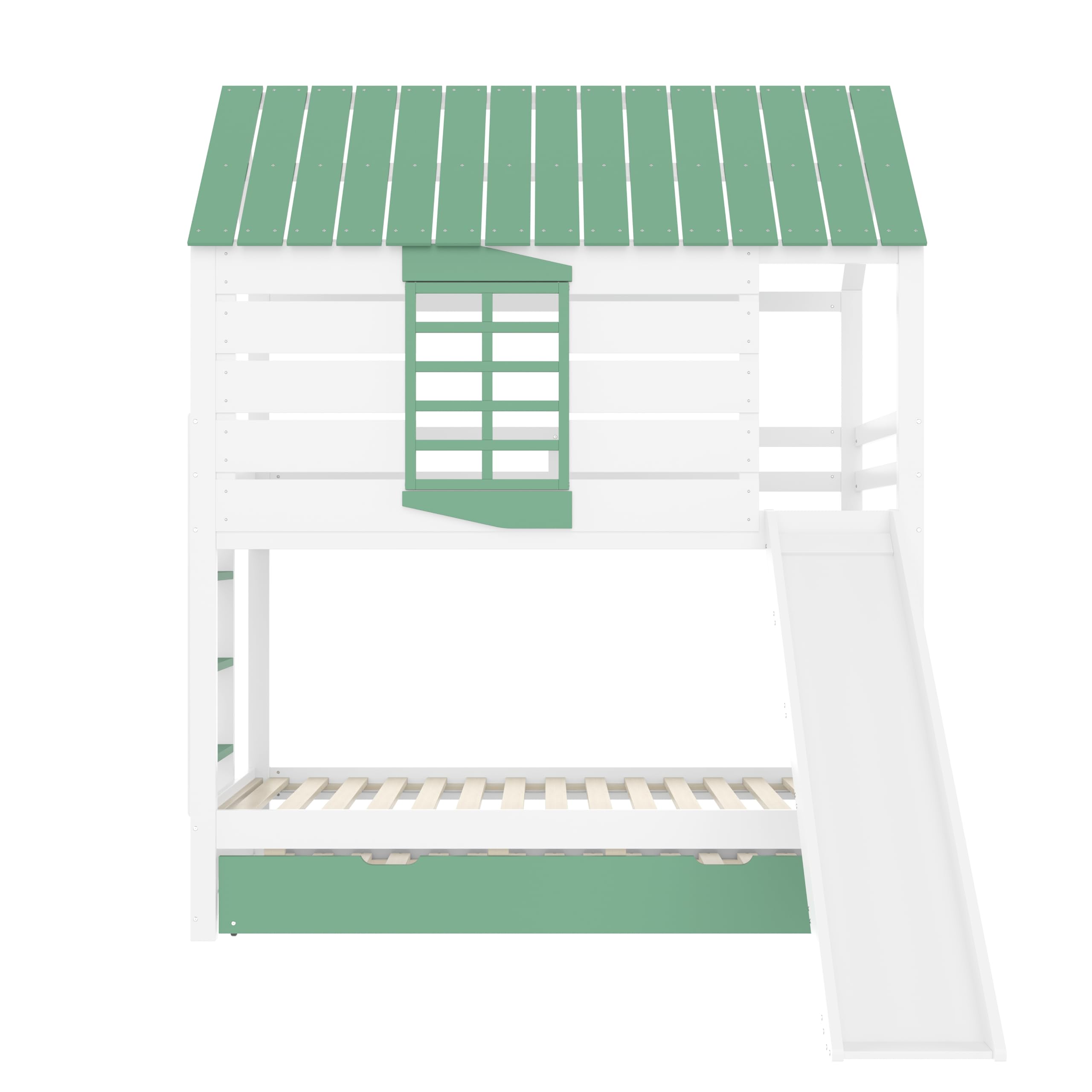 Moimhear Lettino a soppalco, con tetto di casa, con finestre, culla in legno, letto a castello con scivolo, pino+MDF, bianco+verde (90 x 200 x 2 + 90 x 190 cm, con letto estraibile)